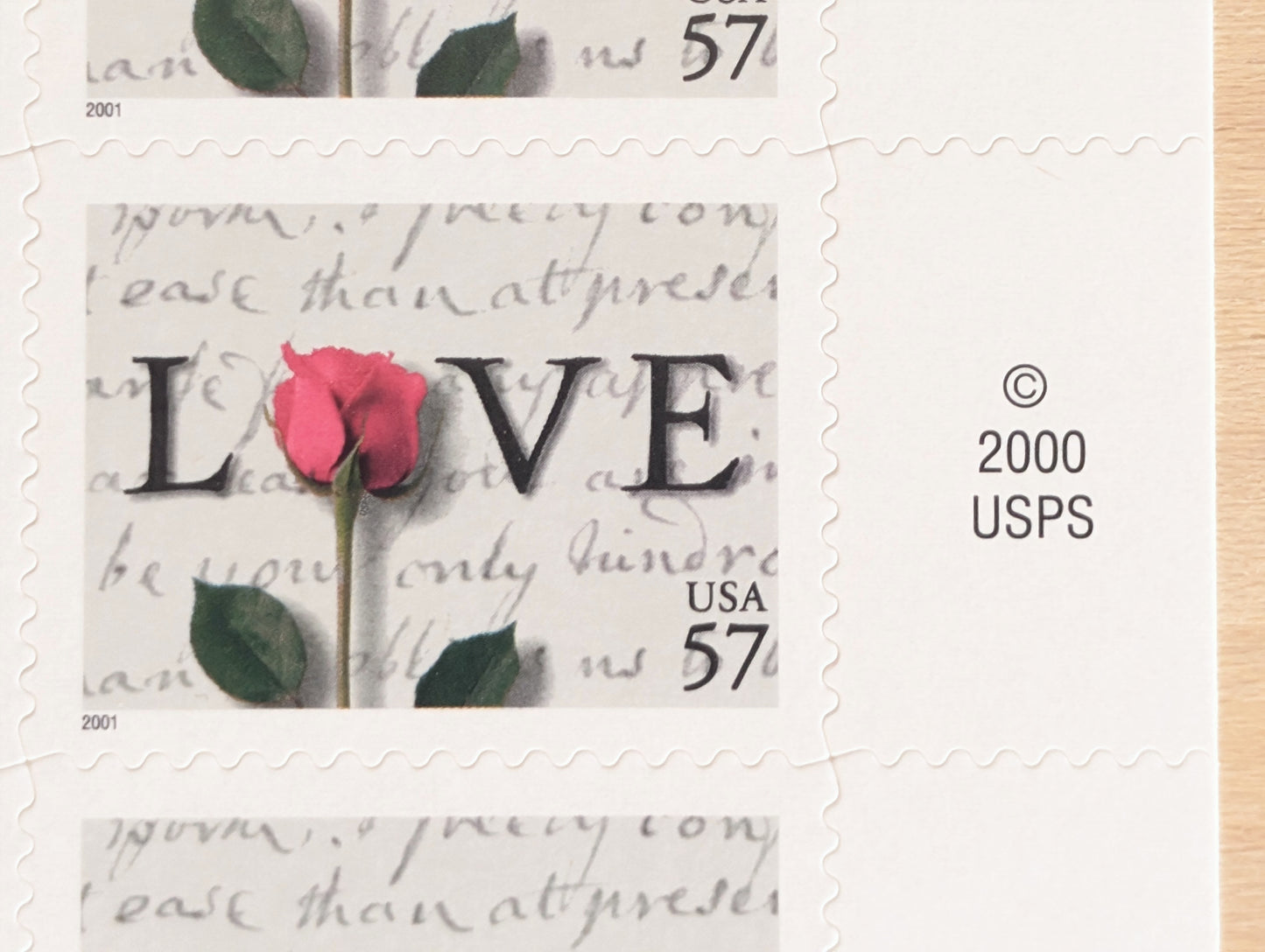 Sheet of 20 Love Postage Stamps, 57 Cent Stamps, 2000, Love Note And Rose