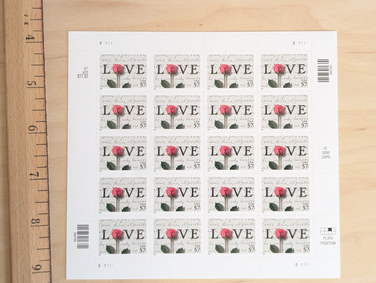 Sheet of 20 Love Postage Stamps, 57 Cent Stamps, 2000, Love Note And Rose