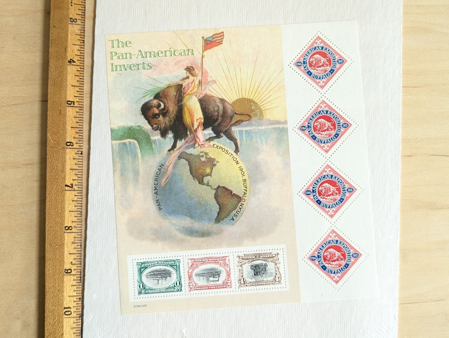 The Pan-American Inverts Stamps, Sheet of 7, Vintage Unused USPS Face Value $3.27 Postage Stamps, Exposition 1901 Buffalo 2000, Gummed