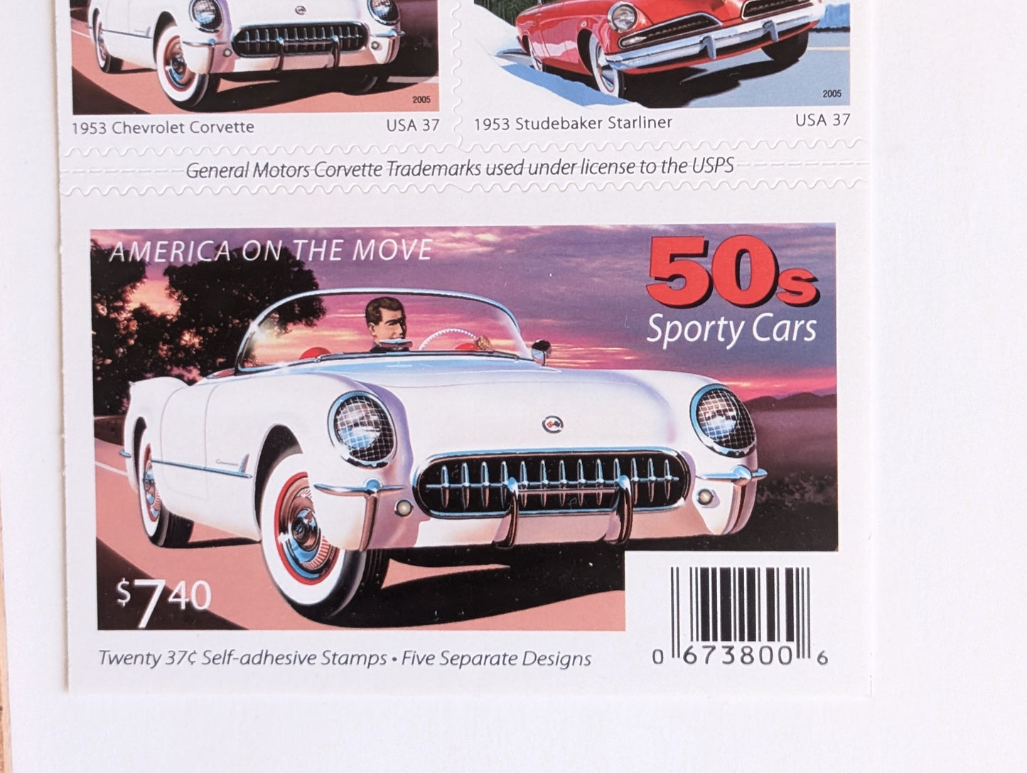 Sporty Cars Stamps, Sheet of 20, Vintage Unused USPS 37 Cent Stamps, America on The Move Series 2005, Self-Adhesive