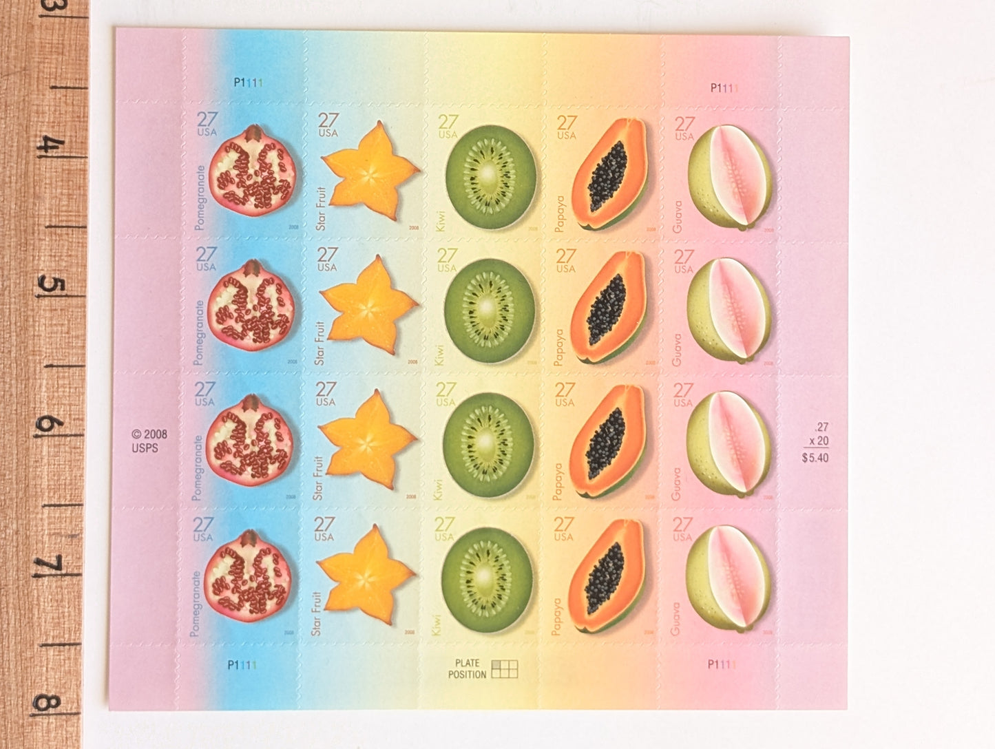 Tropical Fruit Stamps Sheet of 20 Unused USPS 27 Cent Stamps, 2008