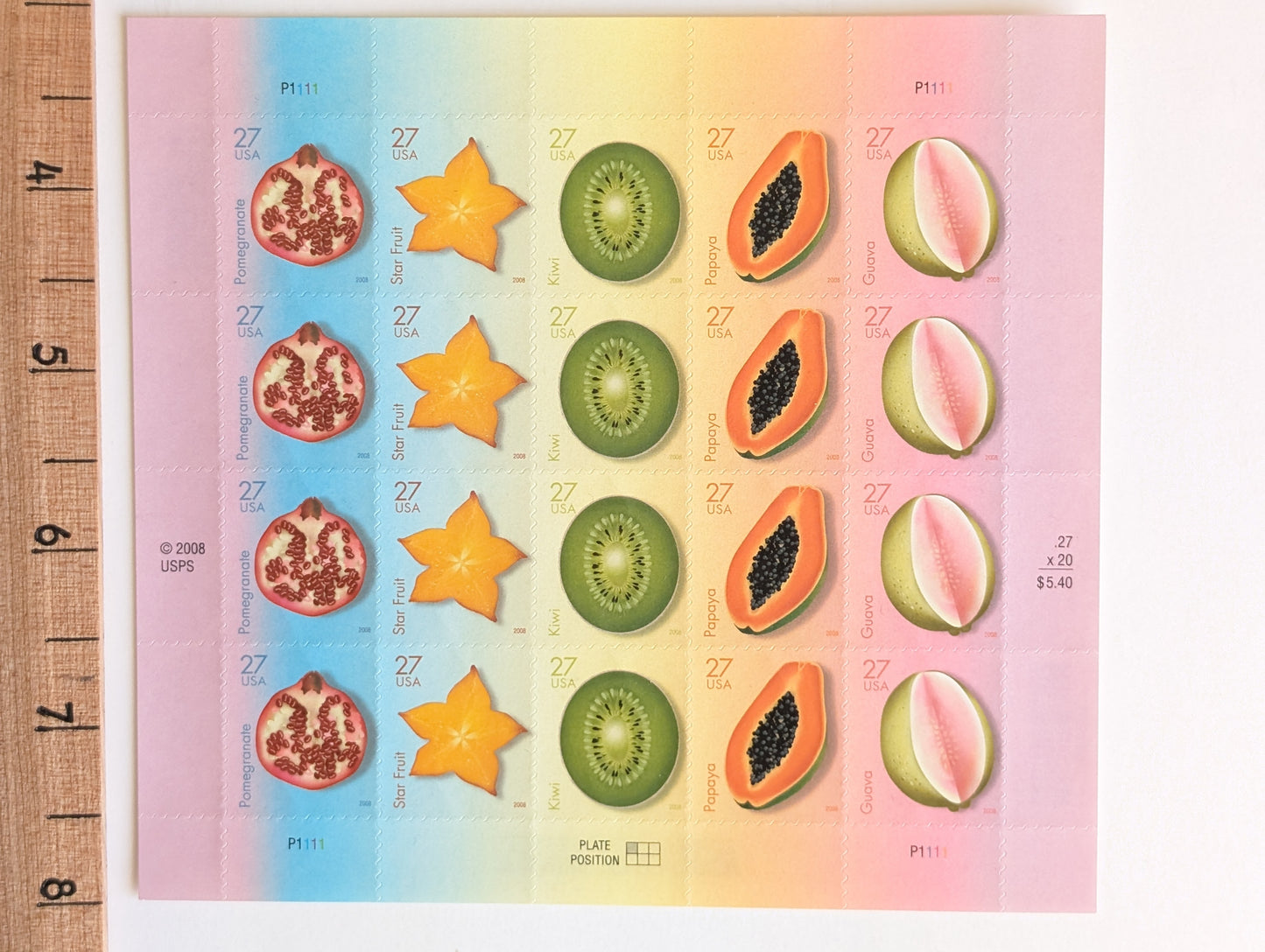 Tropical Fruit Stamps Sheet of 20 Unused USPS 27 Cent Stamps, 2008