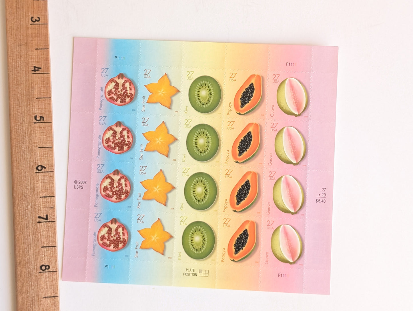 Tropical Fruit Stamps Sheet of 20 Unused USPS 27 Cent Stamps, 2008