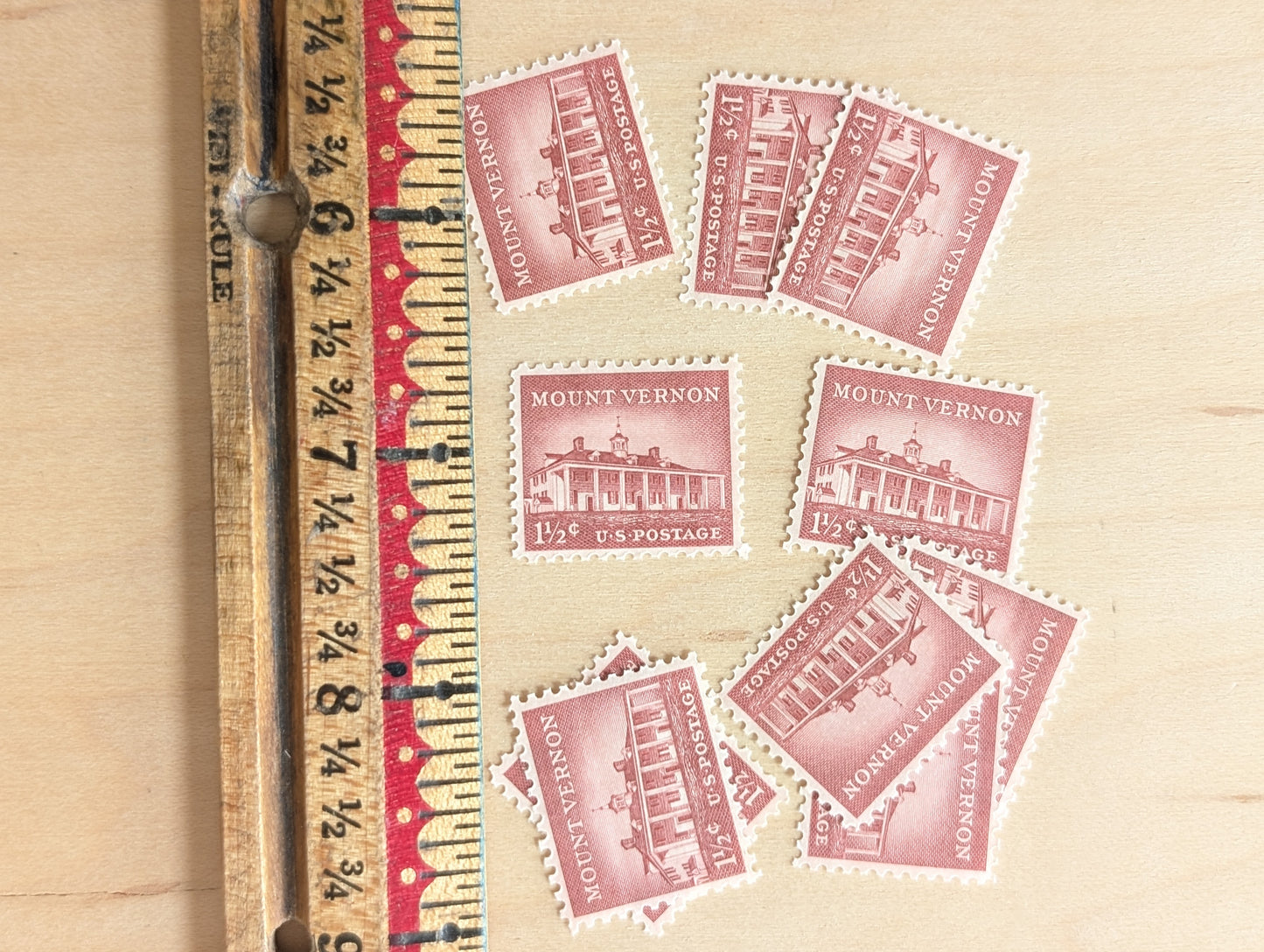 Mount Vernon Stamps, Set of 10, Vintage Unused USPS 1.5 Cent Postage Stamps, Liberty Series 1956, Gummed