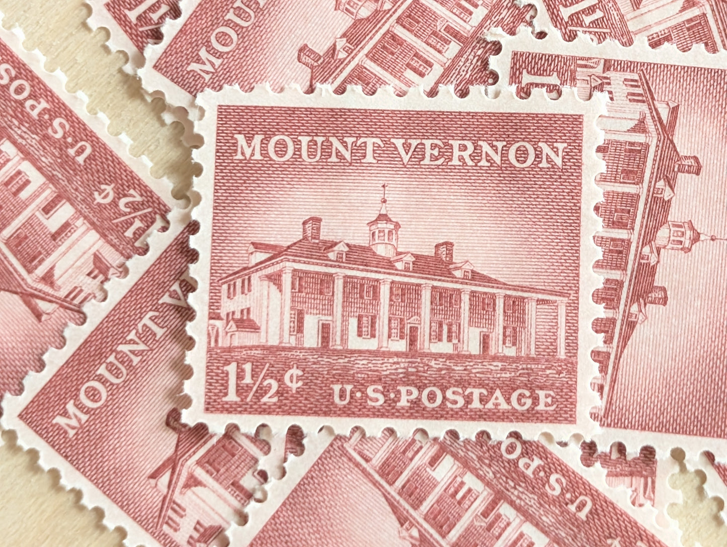 Mount Vernon Stamps, Set of 10, Vintage Unused USPS 1.5 Cent Postage Stamps, Liberty Series 1956, Gummed