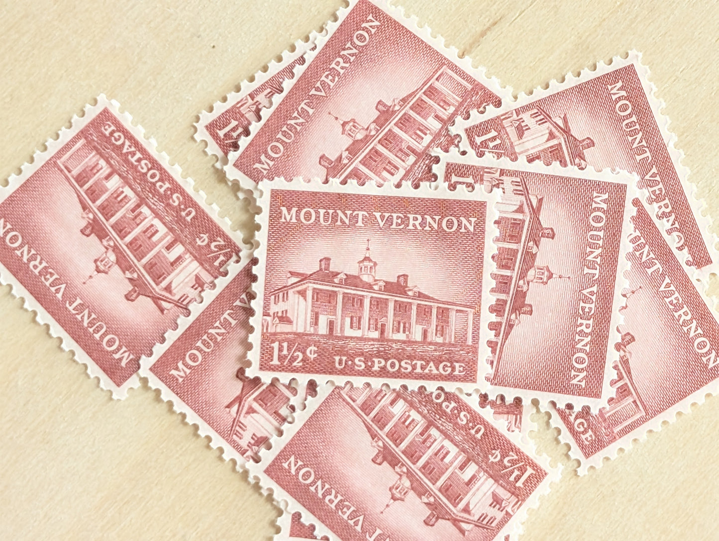 Mount Vernon Stamps, Set of 10, Vintage Unused USPS 1.5 Cent Postage Stamps, Liberty Series 1956, Gummed