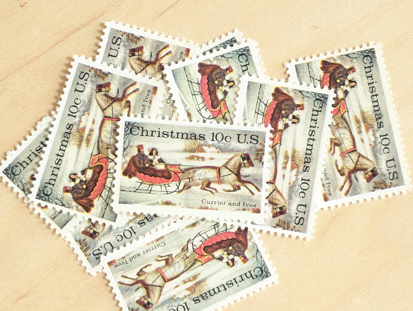 Christmas Stamps, Set of 10, Vintage Unused USPS 10 Cent Postage Stamps, 1971, Gummed