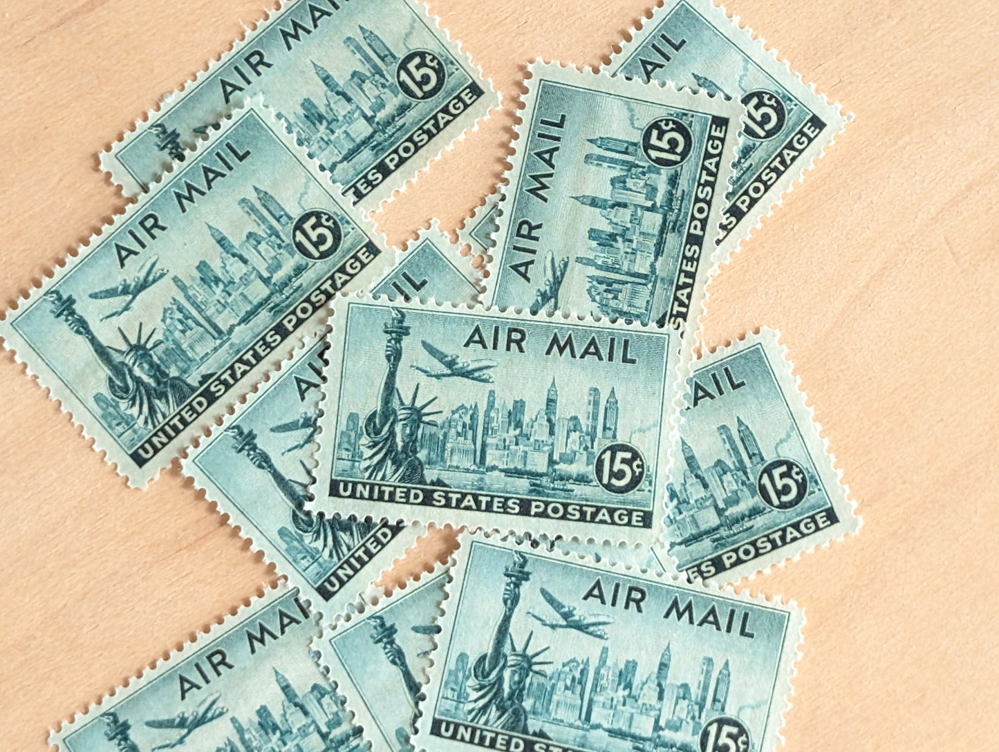 US Airmail Postage Stamps, Set of 10, Vintage Unused USPS 15 Cent Postage Stamps, 1947, Gummed