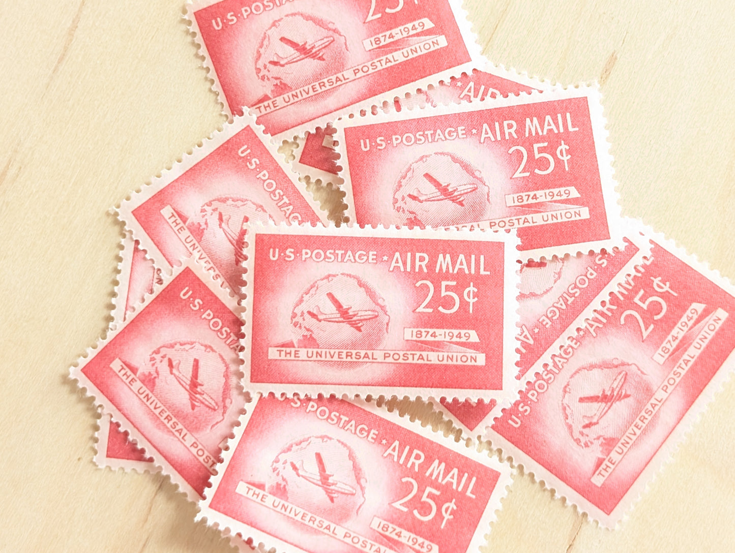 US Airmail Postage Stamps, Set of 10, Vintage Unused USPS 25 Cent Postage Stamps, 1949, Gummed