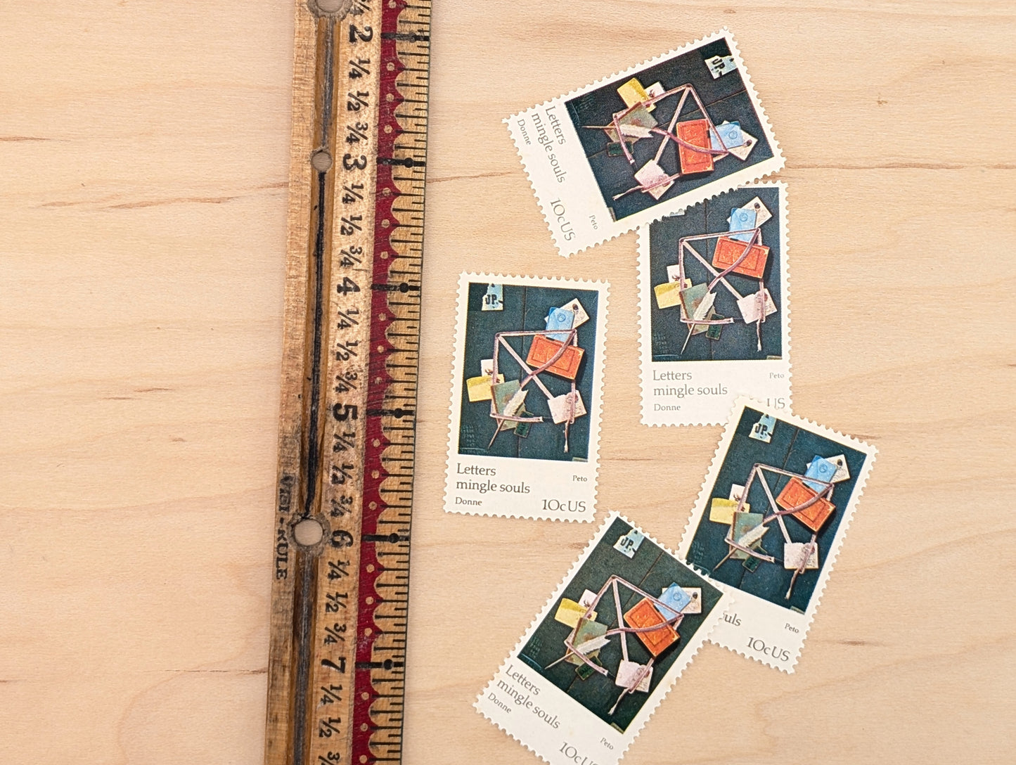 Letters Mingle Souls Peto Postage Stamps, Set of 5, Vintage Unused USPS 10 Cent Postage Stamps, 1974, Gummed