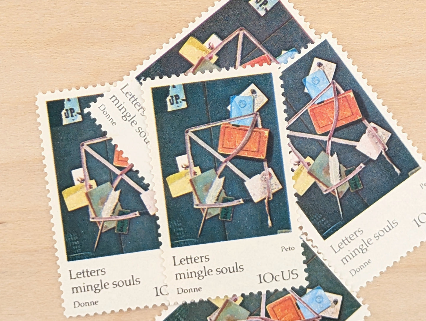Letters Mingle Souls Peto Postage Stamps, Set of 5, Vintage Unused USPS 10 Cent Postage Stamps, 1974, Gummed