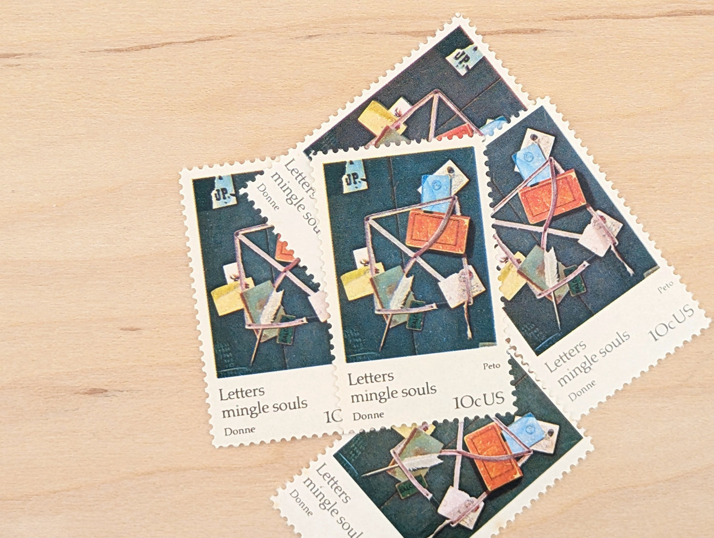 Letters Mingle Souls Peto Postage Stamps, Set of 5, Vintage Unused USPS 10 Cent Postage Stamps, 1974, Gummed