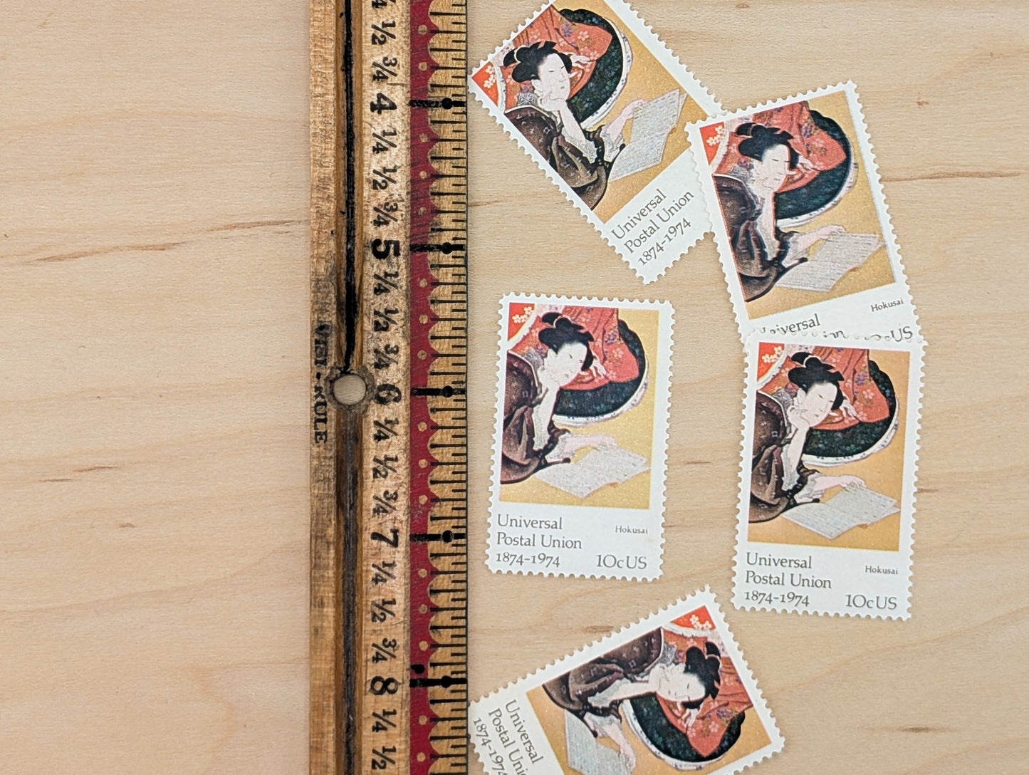Universal Postal Union by Hokusai, Set of 5, Vintage Unused USPS 10 Cent Postage Stamps, Unerversal Postal Union 1974, Gummed