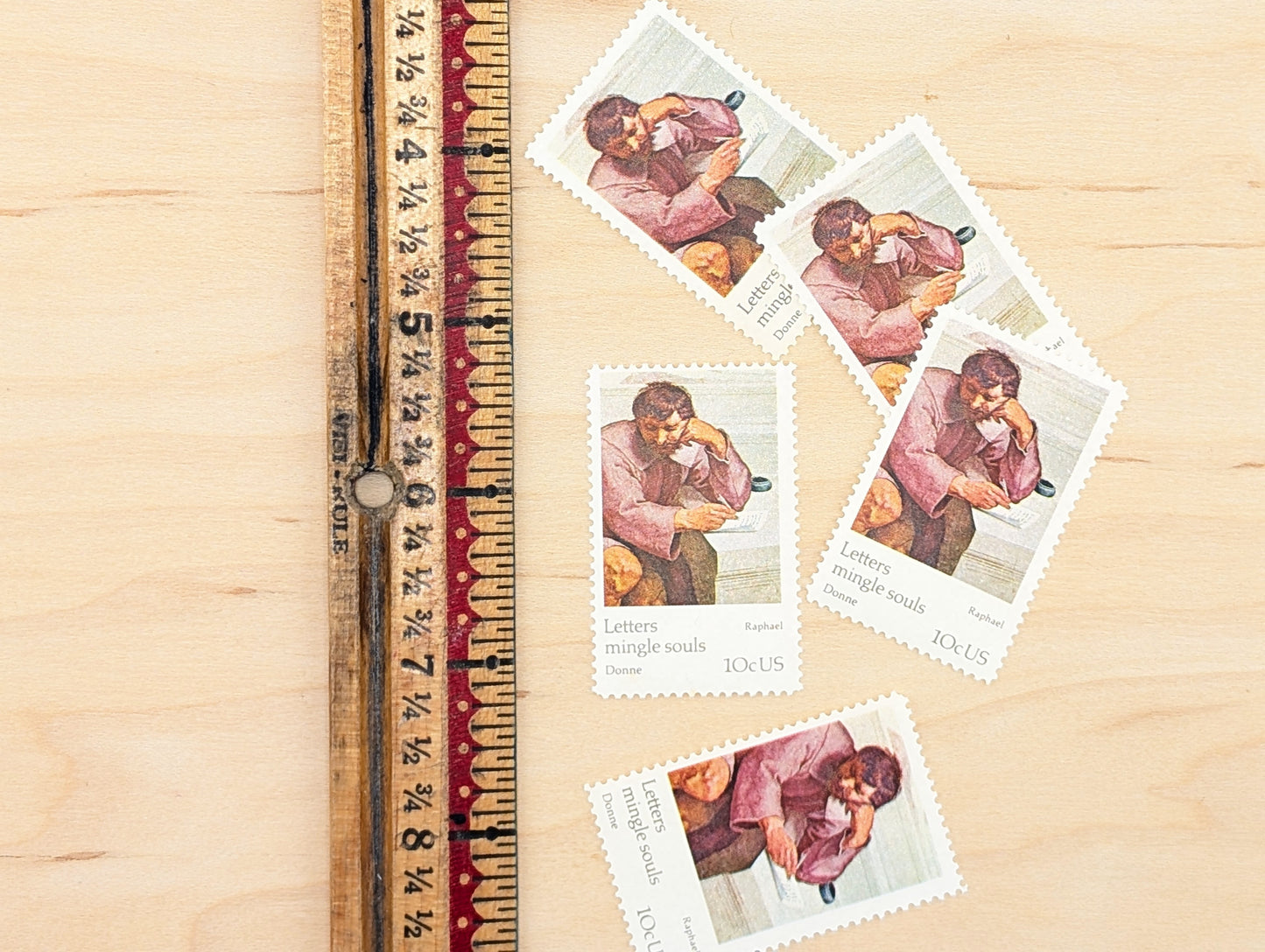 Letters Mingle Souls by Raphael, Set of 5, Vintage Unused USPS 10 Cent Postage Stamps, Letter Mingle Souls 1974, Gummed
