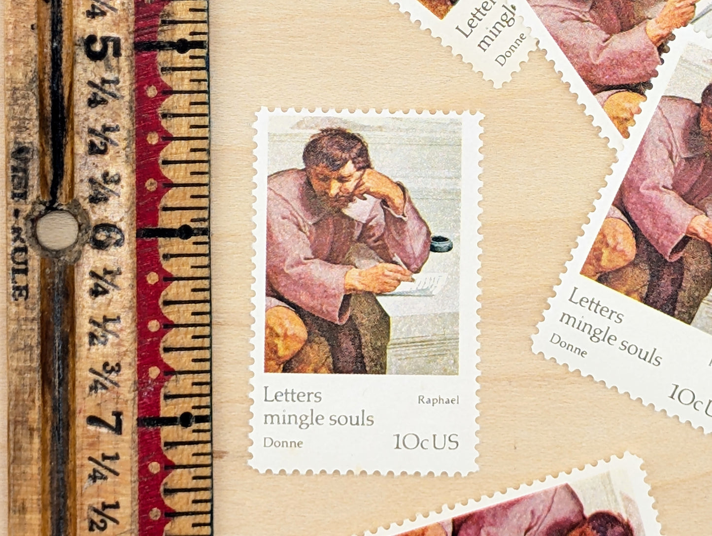 Letters Mingle Souls by Raphael, Set of 5, Vintage Unused USPS 10 Cent Postage Stamps, Letter Mingle Souls 1974, Gummed