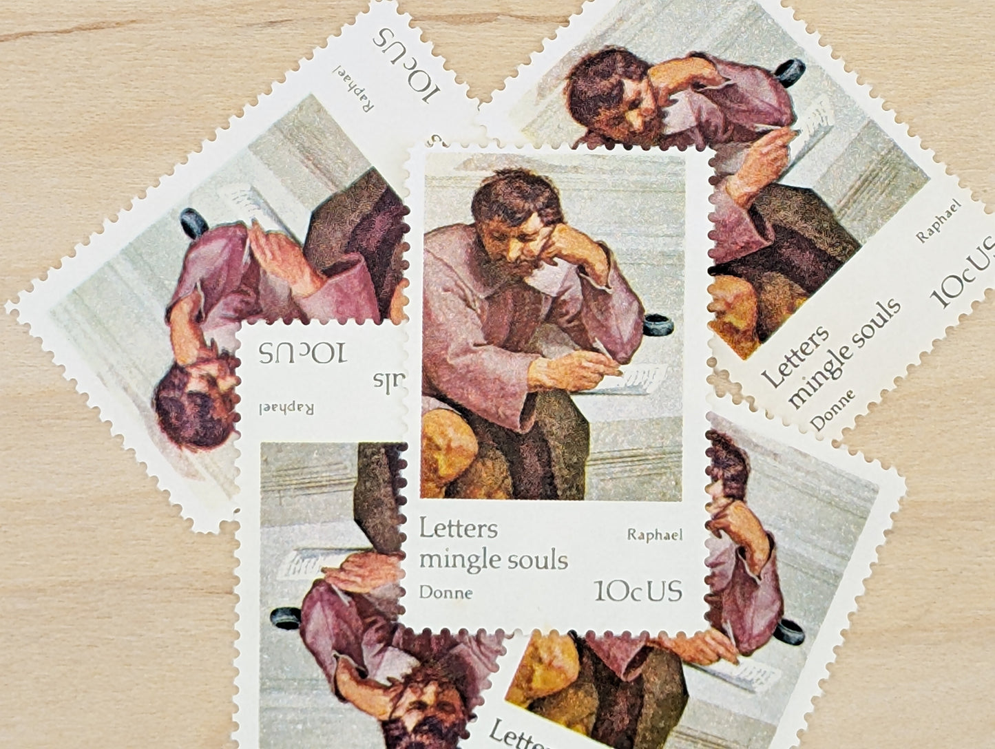 Letters Mingle Souls by Raphael, Set of 5, Vintage Unused USPS 10 Cent Postage Stamps, Letter Mingle Souls 1974, Gummed
