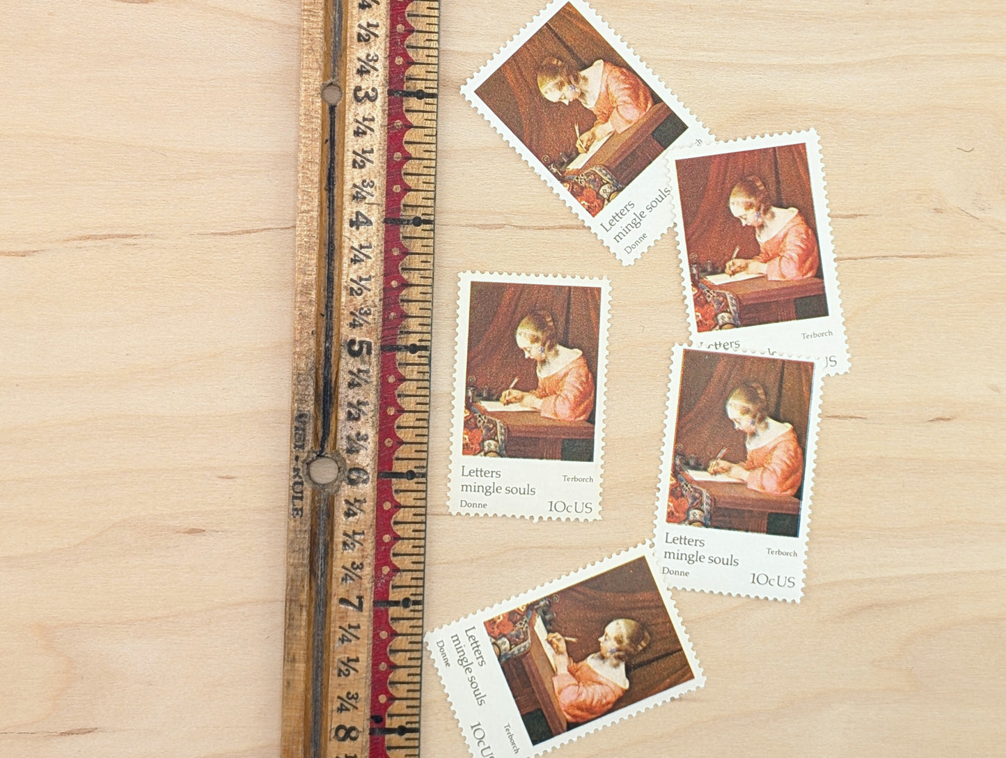 Letters Mingle Souls by Terborch, Set of 5, Vintage Unused USPS 10 Cent Postage Stamps, Letters Mingle Souls 1974, Gummed