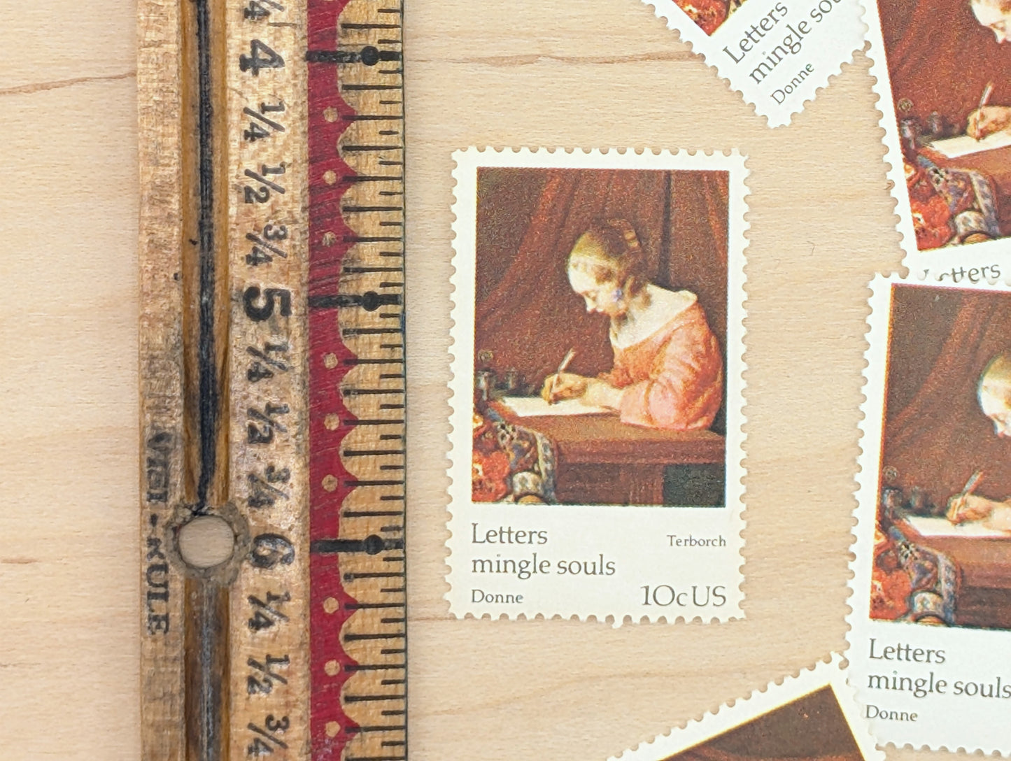 Letters Mingle Souls by Terborch, Set of 5, Vintage Unused USPS 10 Cent Postage Stamps, Letters Mingle Souls 1974, Gummed