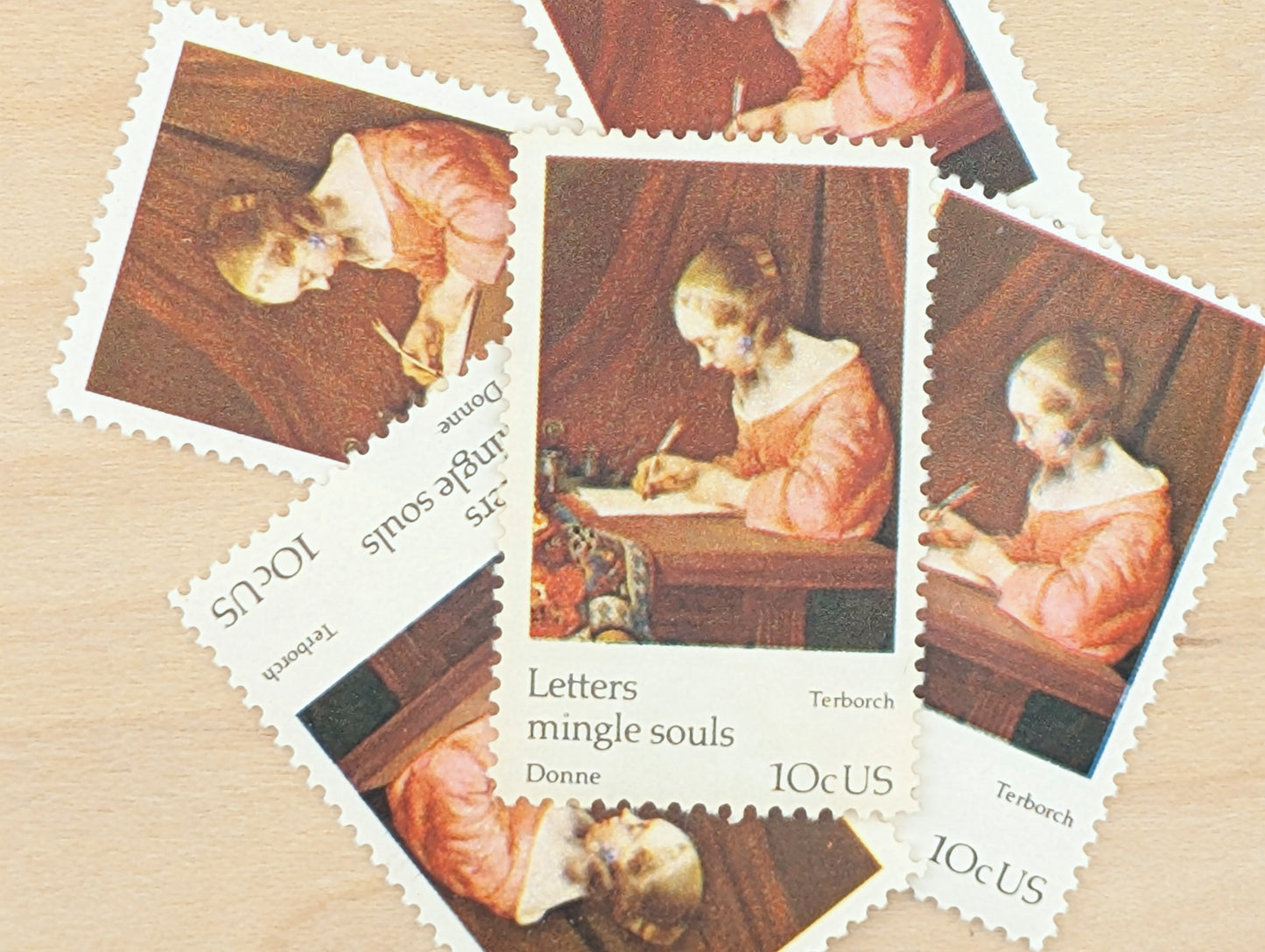 Letters Mingle Souls by Terborch, Set of 5, Vintage Unused USPS 10 Cent Postage Stamps, Letters Mingle Souls 1974, Gummed