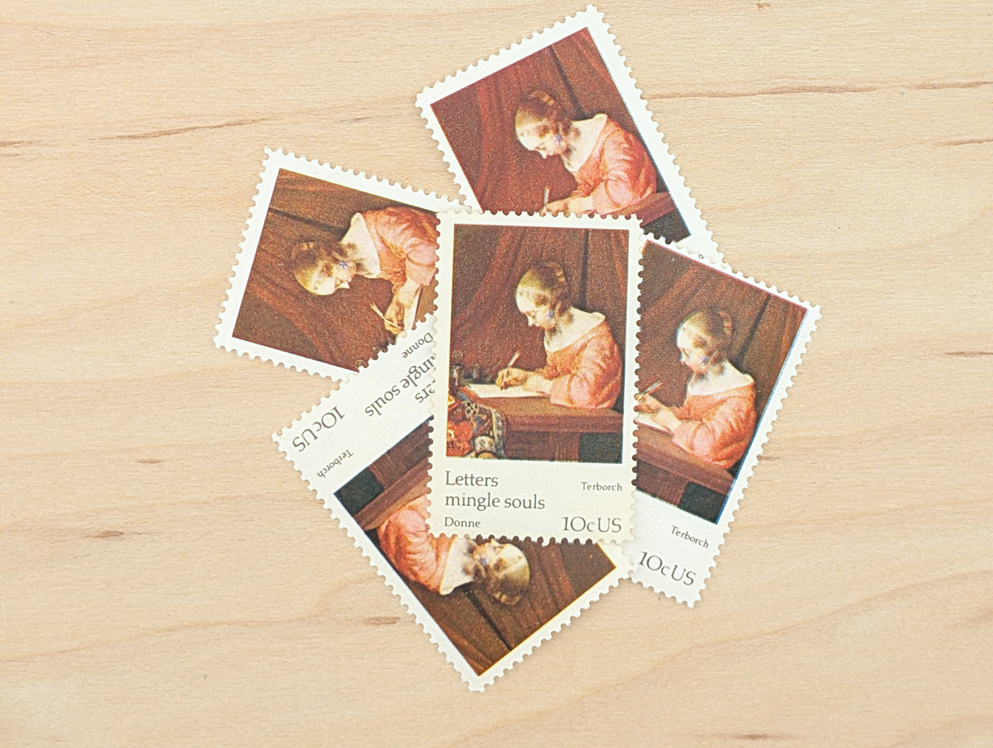 Letters Mingle Souls by Terborch, Set of 5, Vintage Unused USPS 10 Cent Postage Stamps, Letters Mingle Souls 1974, Gummed