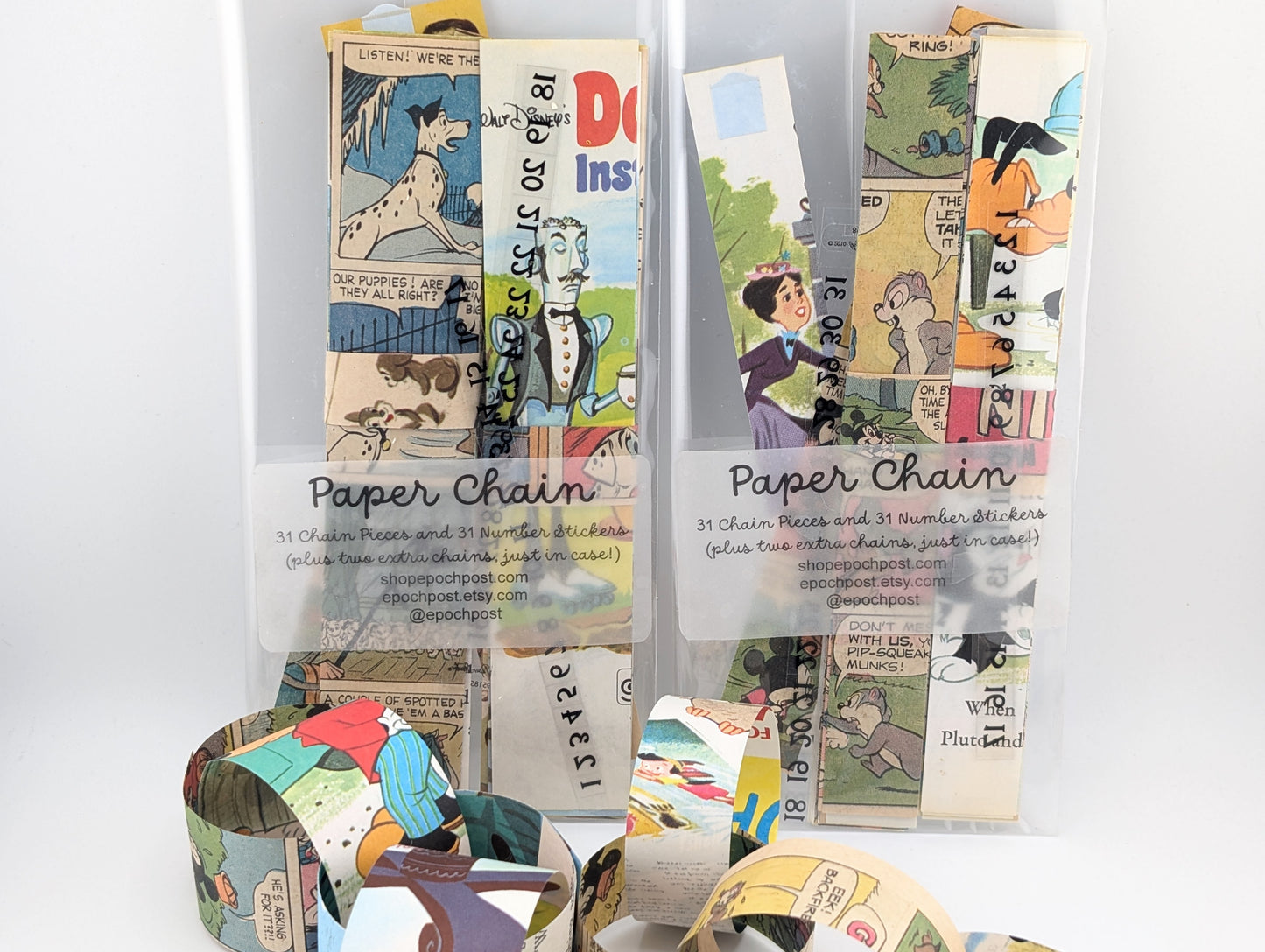 Disney Trip Count Down Paper Chain Kit, 31 Adhesive Chains and 31 Number Stickers, Made With Vintage Disney Books, 1 or 1.5 Inches Wide