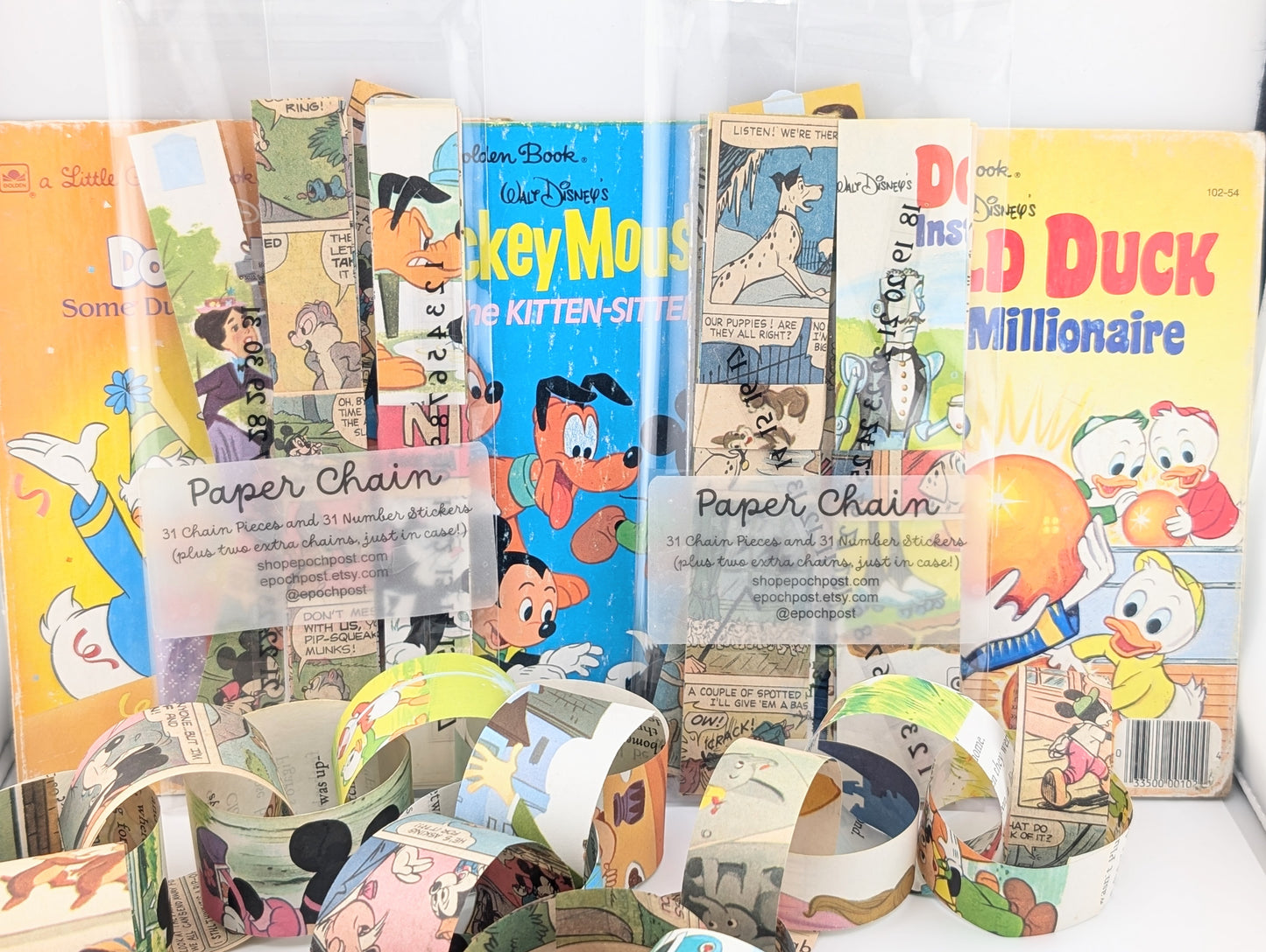 Disney Trip Count Down Paper Chain Kit, 31 Adhesive Chains and 31 Number Stickers, Made With Vintage Disney Books, 1 or 1.5 Inches Wide