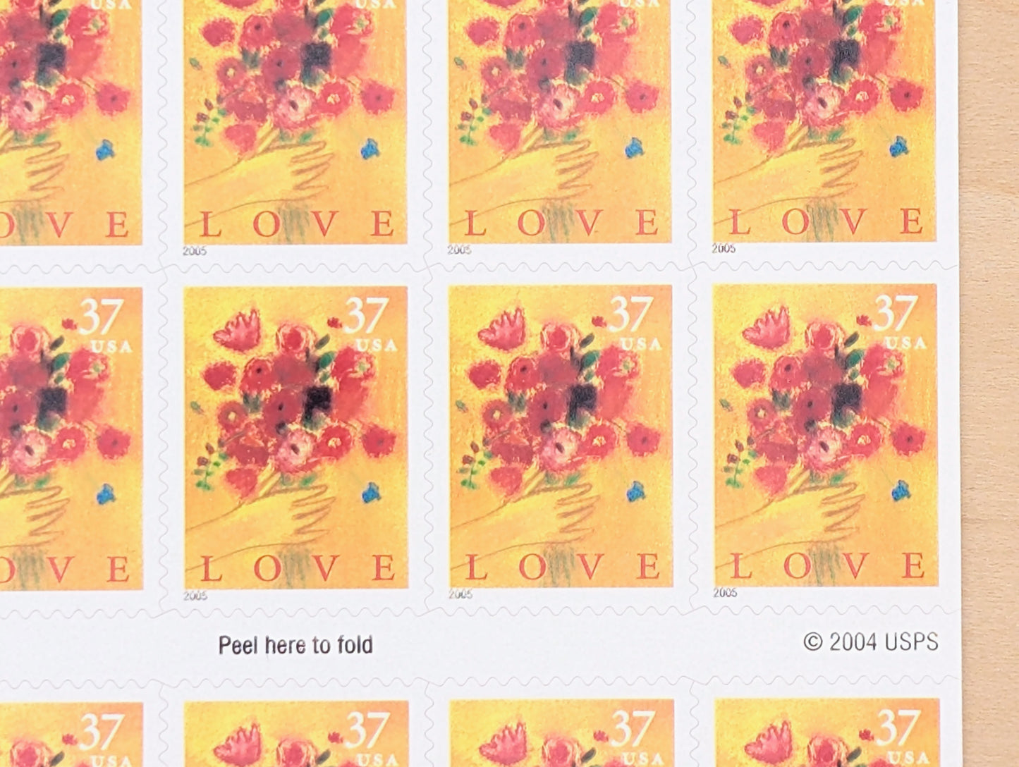 Love Bouquet Stamps, Sheet of 20, Vintage Unused USPS 37 Cent Postage Stamps, Love Stamps 2004, Self-Adhesive