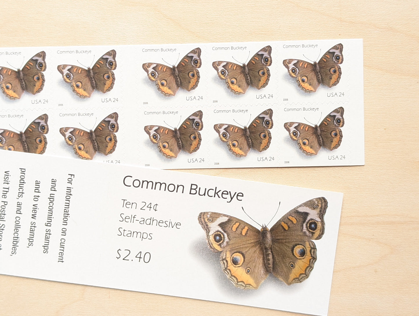 Common Buckeye Moth, Booklet of 10, Unused USPS 24 Cent Postage Stamps, Common Buckeye Moth Stamps, 2006, Self-Adhesive