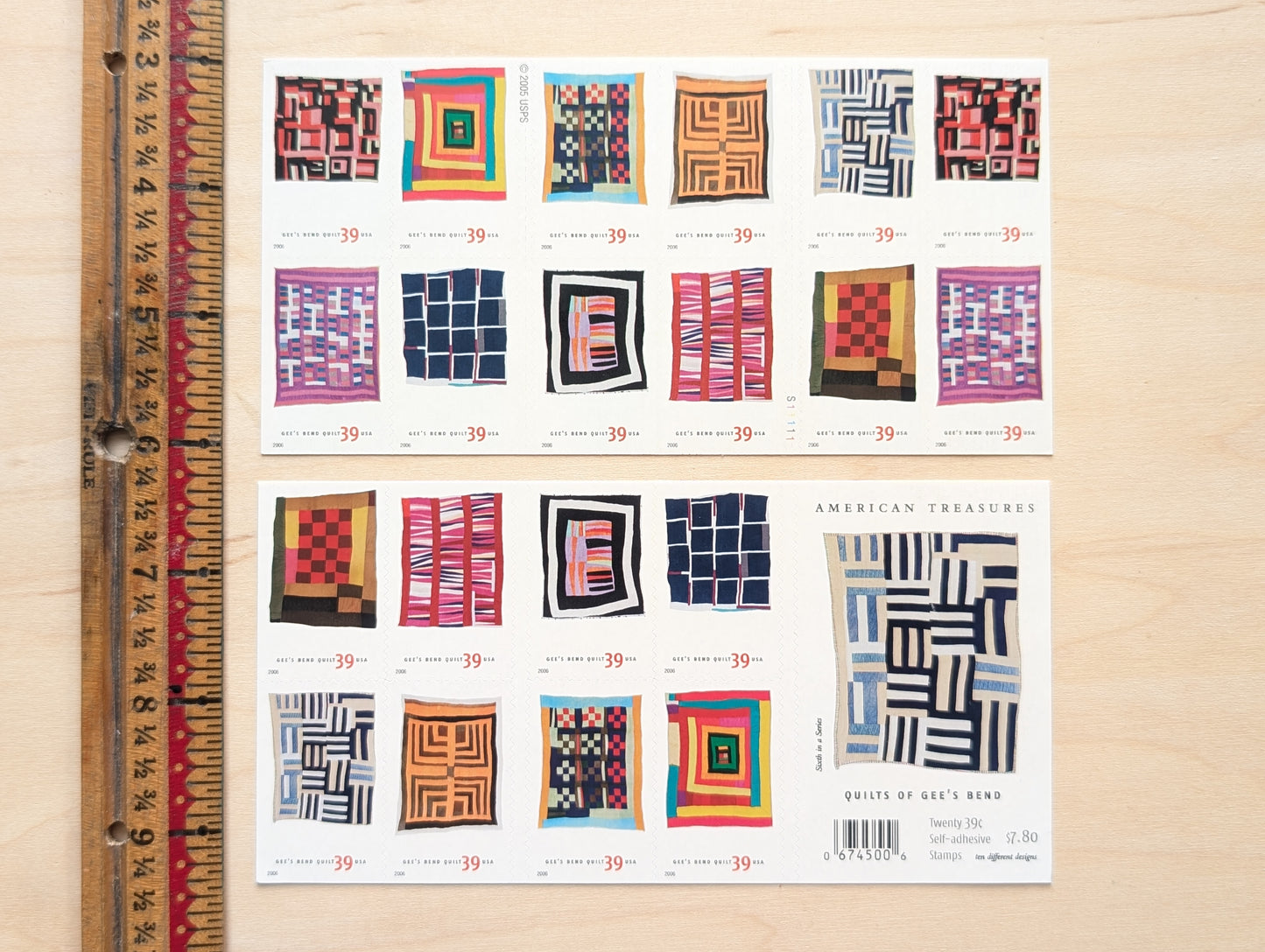 Quilts of Gee's Bend, Booklet of 20, Unused USPS 39 Cent Postage Stamps, American Treasures, 2006, Self-Adhesive