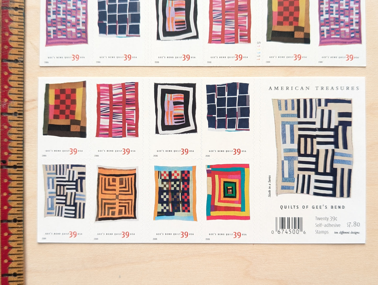 Quilts of Gee's Bend, Booklet of 20, Unused USPS 39 Cent Postage Stamps, American Treasures, 2006, Self-Adhesive