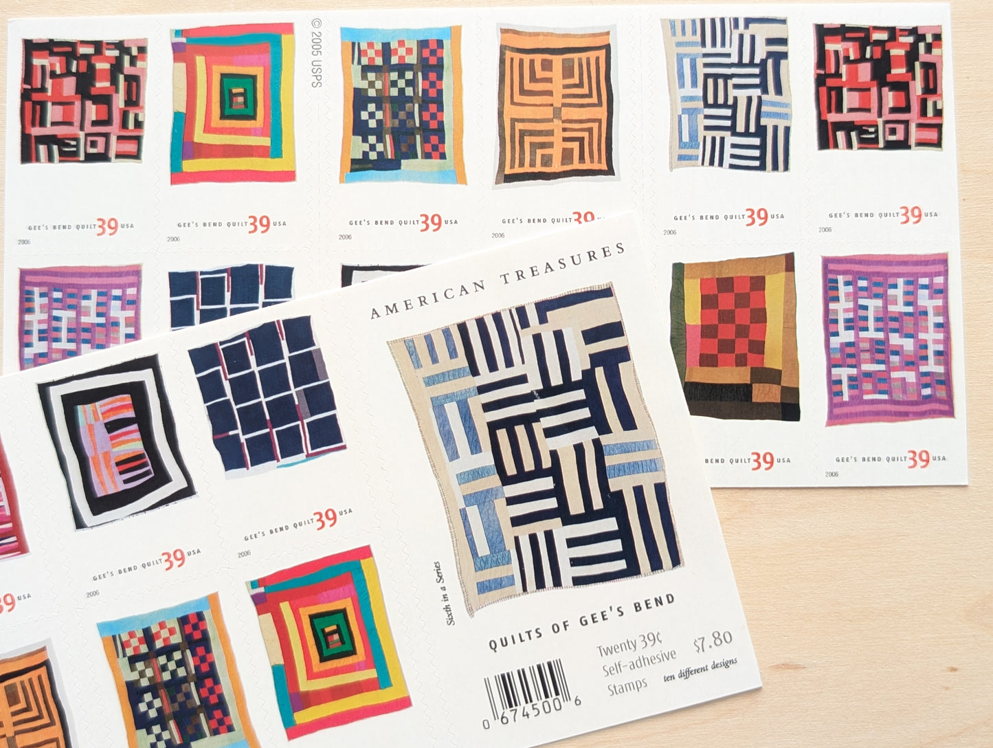 Quilts of Gee's Bend, Booklet of 20, Unused USPS 39 Cent Postage Stamps, American Treasures, 2006, Self-Adhesive