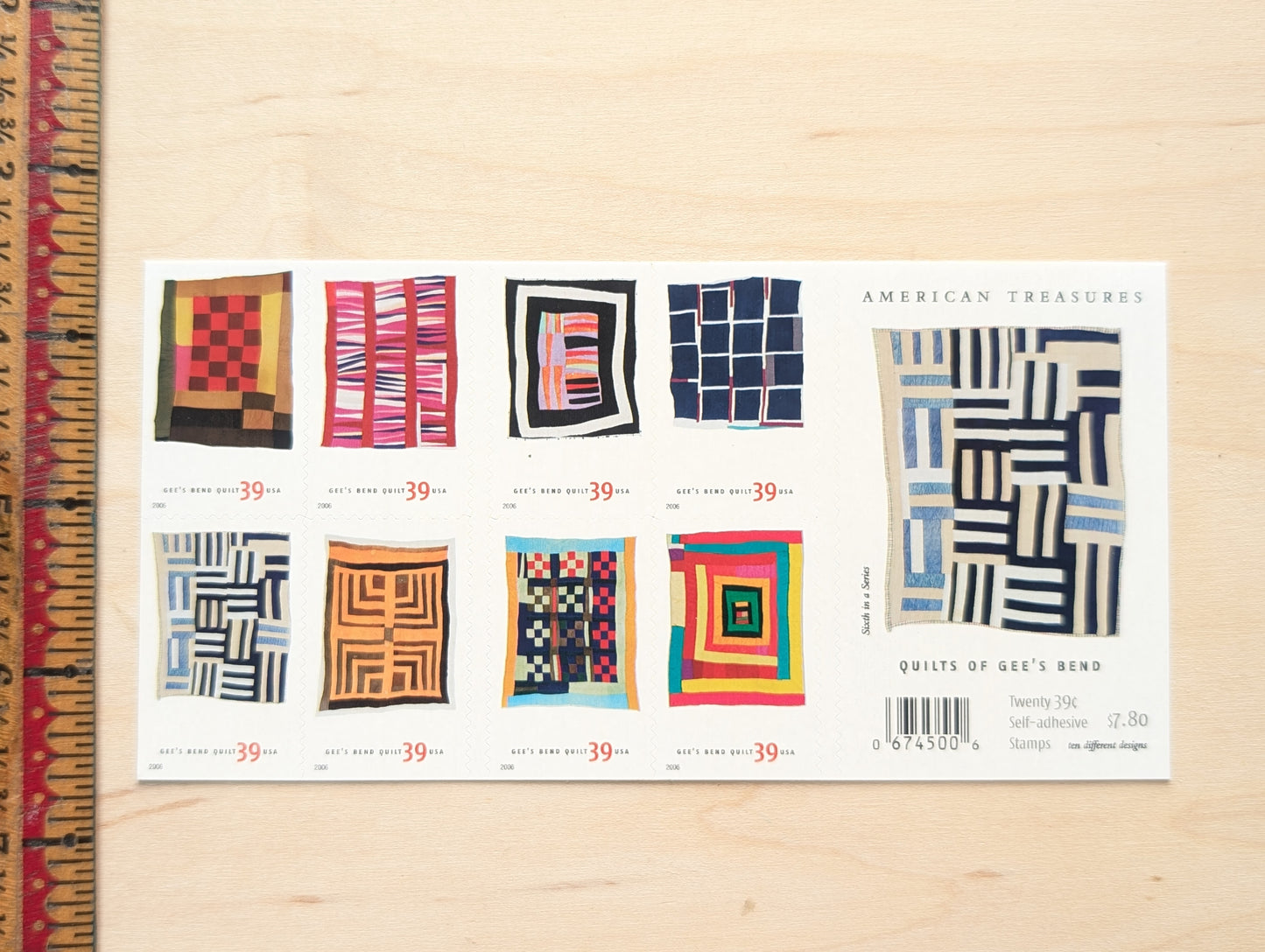 Quilts of Gee's Bend, Booklet of 20, Unused USPS 39 Cent Postage Stamps, American Treasures, 2006, Self-Adhesive