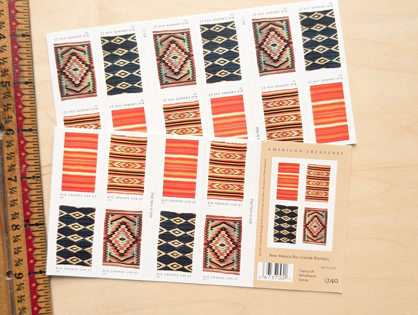 New Mexico Rio Grande Blankets, Booklet of 20, Vintage Unused USPS 37 Cent Postage Stamps, American Treasures (Rio Grande Blankets), 2005, Self-Adhesive