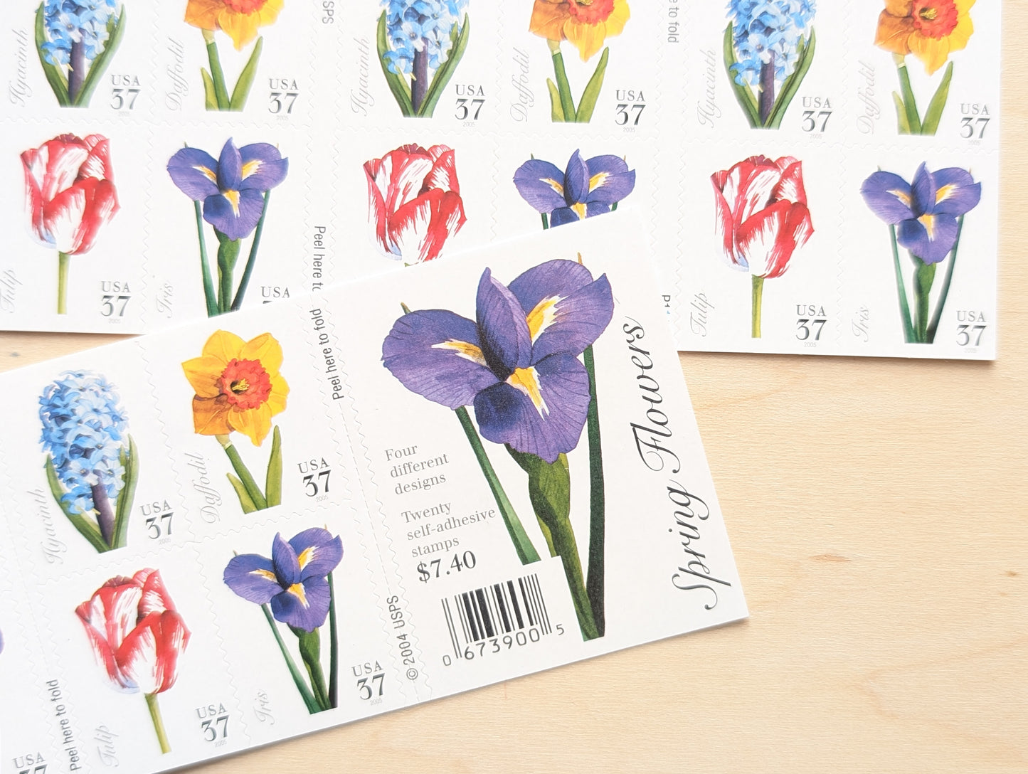 Spring Flowers, Booklet of 20, Vintage Unused USPS 37 Cent Postage Stamps, Spring Flowers (Daffodil, Hyacinth, Tulip, Iris), 2004, Self-Adhesive