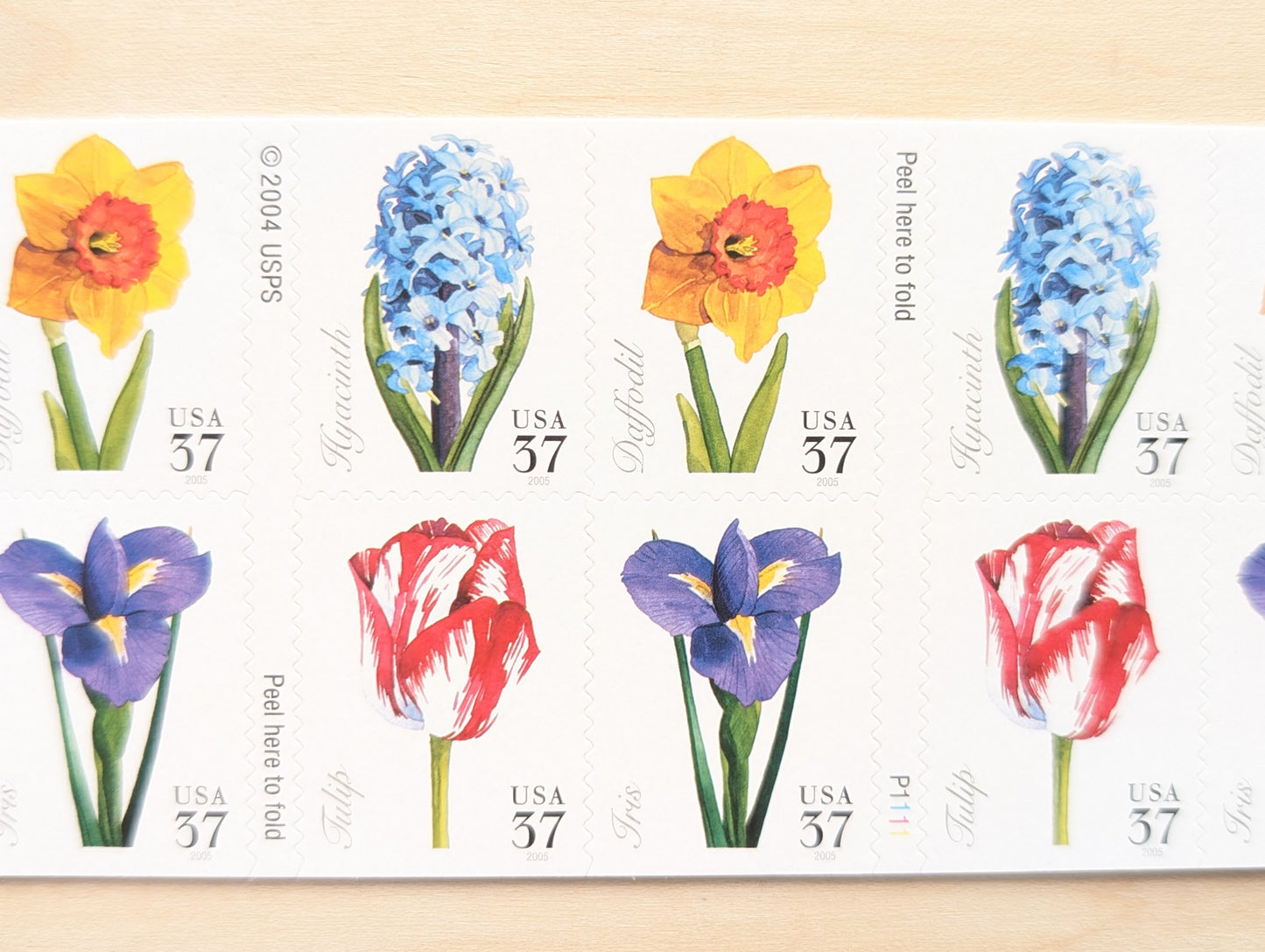 Spring Flowers, Booklet of 20, Vintage Unused USPS 37 Cent Postage Stamps, Spring Flowers (Daffodil, Hyacinth, Tulip, Iris), 2004, Self-Adhesive