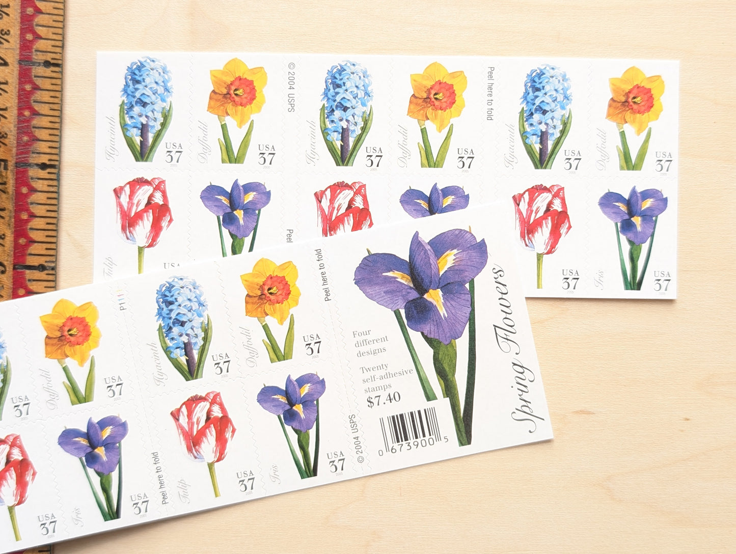 Spring Flowers, Booklet of 20, Vintage Unused USPS 37 Cent Postage Stamps, Spring Flowers (Daffodil, Hyacinth, Tulip, Iris), 2004, Self-Adhesive