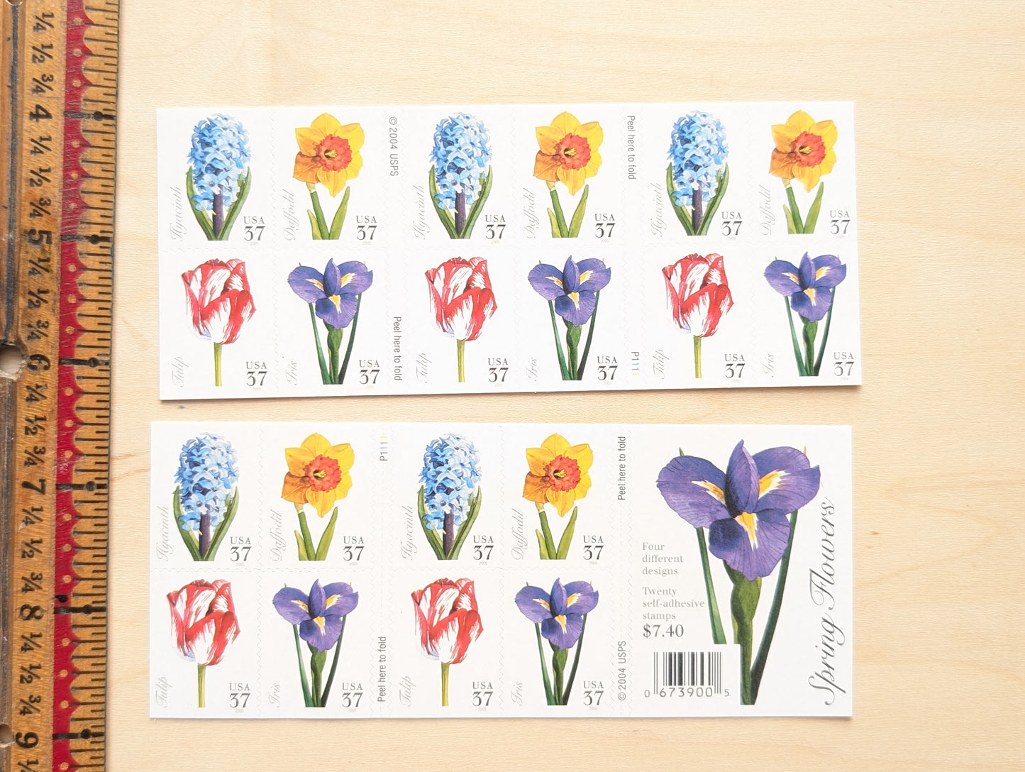 Spring Flowers, Booklet of 20, Vintage Unused USPS 37 Cent Postage Stamps, Spring Flowers (Daffodil, Hyacinth, Tulip, Iris), 2004, Self-Adhesive