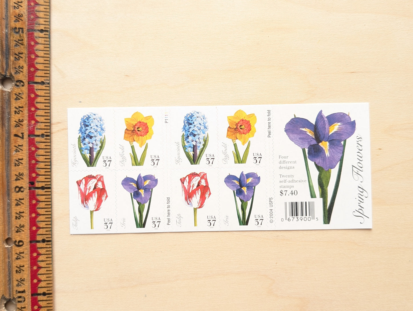 Spring Flowers, Booklet of 20, Vintage Unused USPS 37 Cent Postage Stamps, Spring Flowers (Daffodil, Hyacinth, Tulip, Iris), 2004, Self-Adhesive