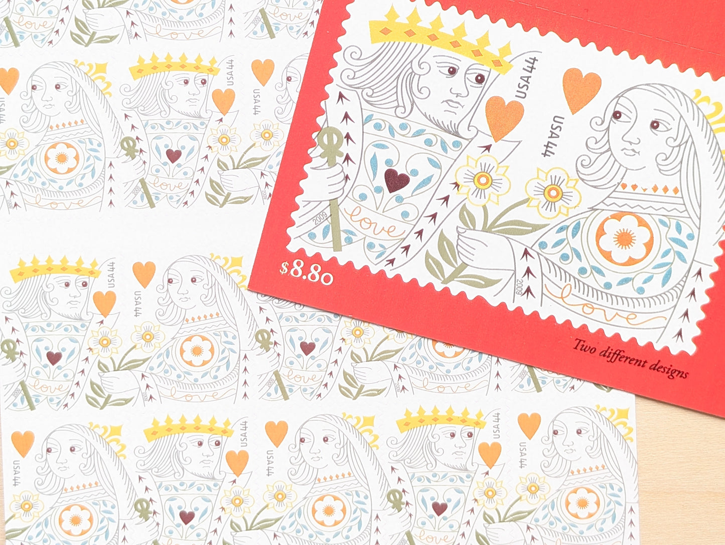 Love King and Queen of Hearts, Sheet of 20, Unused USPS 44 Cent Postage Stamps, Love Series, 2009, Self-Adhesive