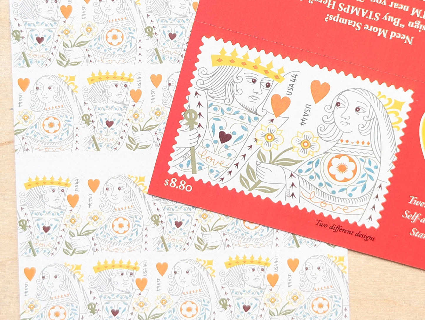 Love King and Queen of Hearts, Sheet of 20, Unused USPS 44 Cent Postage Stamps, Love Series, 2009, Self-Adhesive