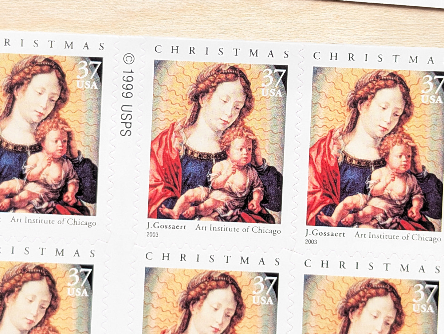 J. Gossaert Madonna and Child, Sheet of 20, Vintage Unused USPS 37 Cent Postage Stamps, Christmas Stamps (J. Gossaert Madonna and Child), 2002, Self-Adhesive