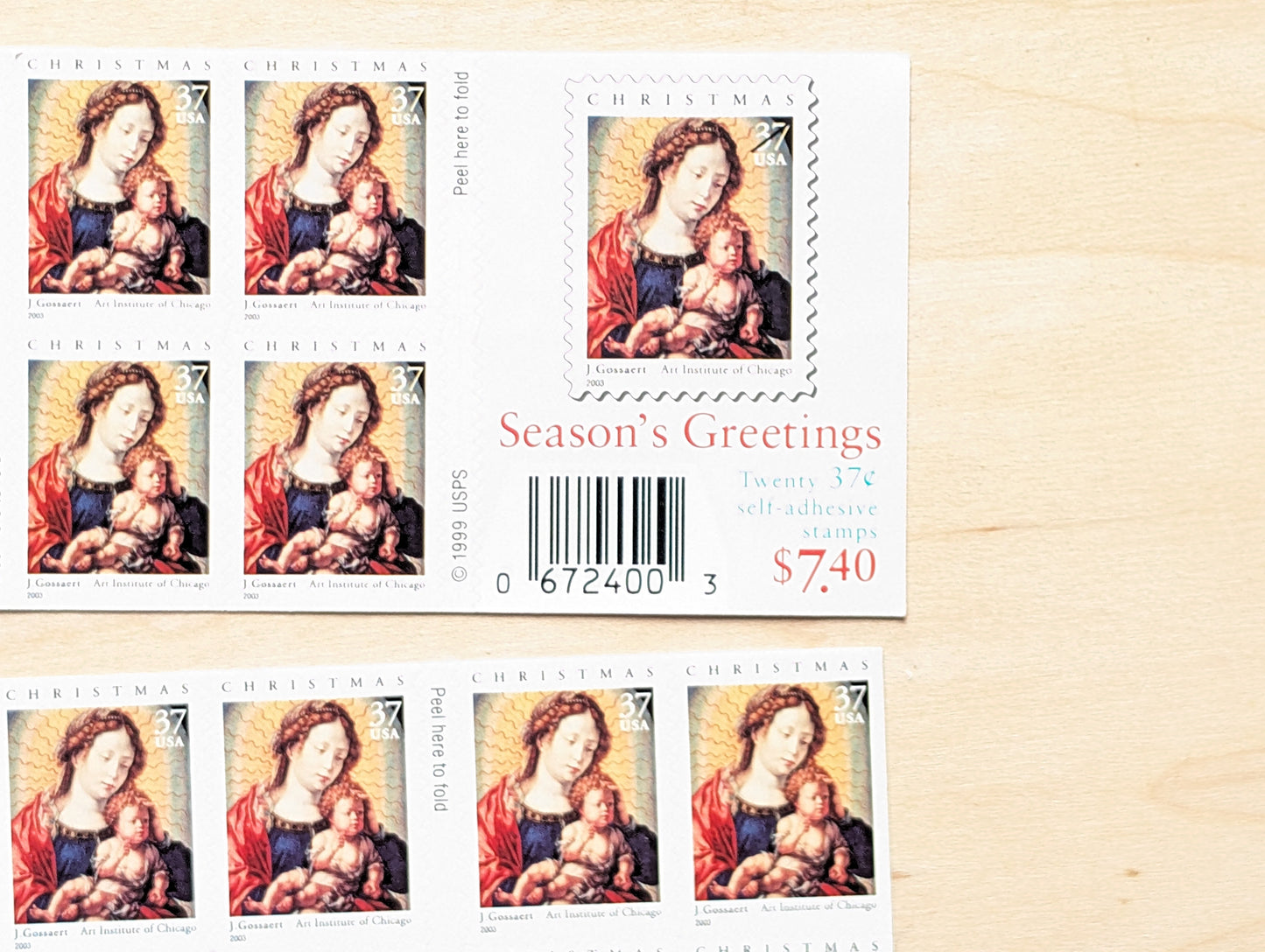 J. Gossaert Madonna and Child, Sheet of 20, Vintage Unused USPS 37 Cent Postage Stamps, Christmas Stamps (J. Gossaert Madonna and Child), 2002, Self-Adhesive