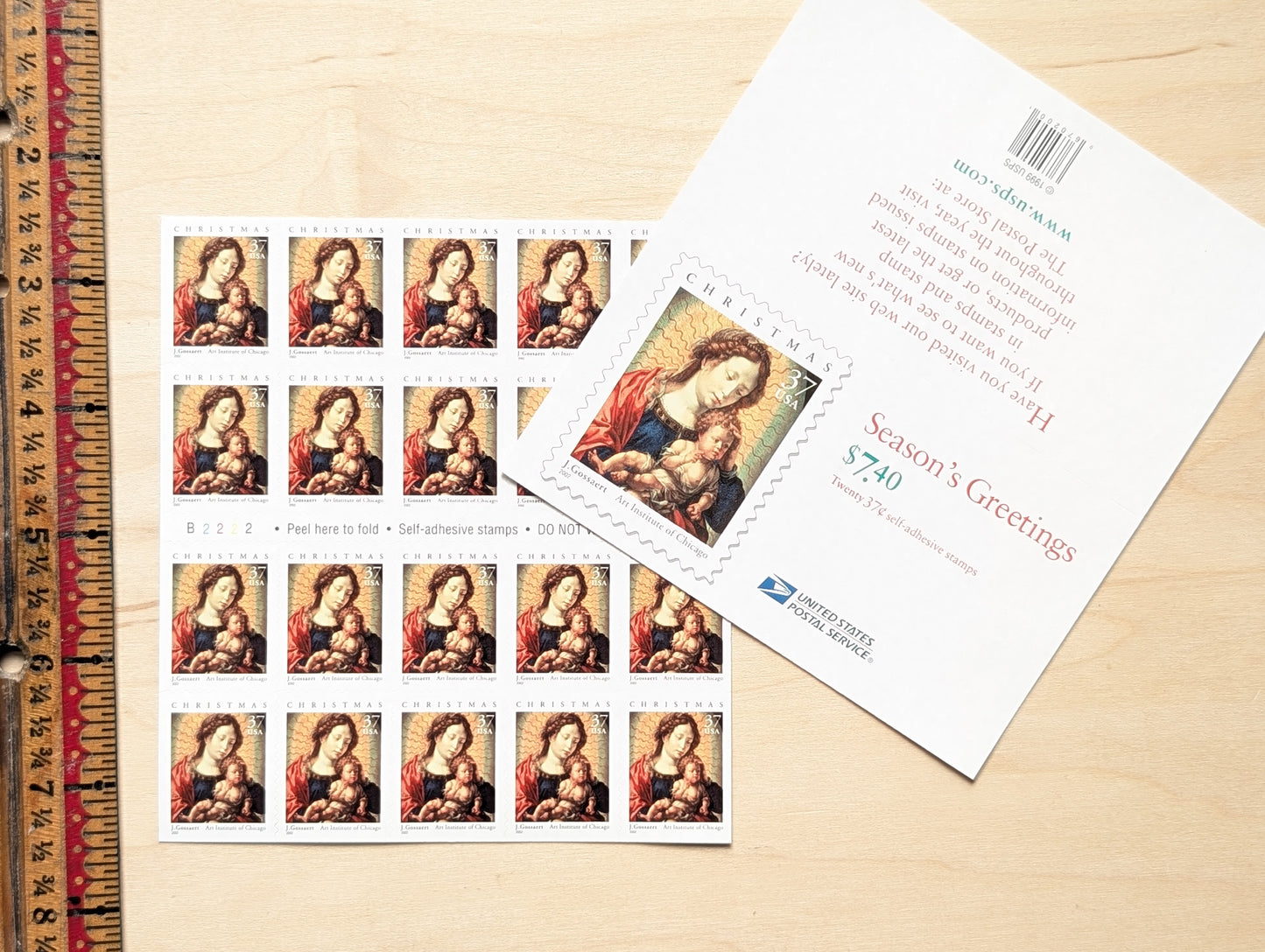 J. Gossaert Madonna and Child, Sheet of 20, Vintage Unused USPS 37 Cent Postage Stamps, Christmas Stamps (J. Gossaert Madonna and Child), 2002, Self-Adhesive