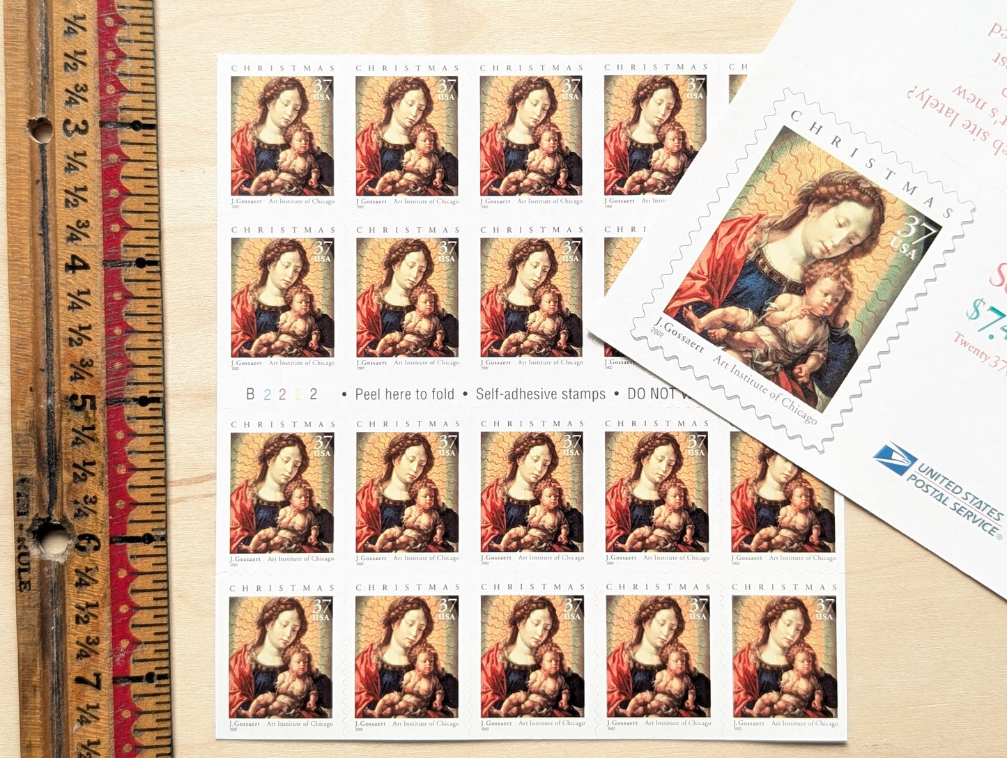 J. Gossaert Madonna and Child, Sheet of 20, Vintage Unused USPS 37 Cent Postage Stamps, Christmas Stamps (J. Gossaert Madonna and Child), 2002, Self-Adhesive