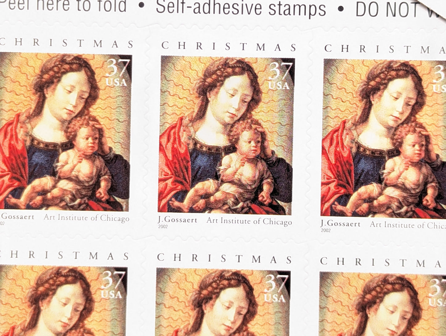 J. Gossaert Madonna and Child, Sheet of 20, Vintage Unused USPS 37 Cent Postage Stamps, Christmas Stamps (J. Gossaert Madonna and Child), 2002, Self-Adhesive