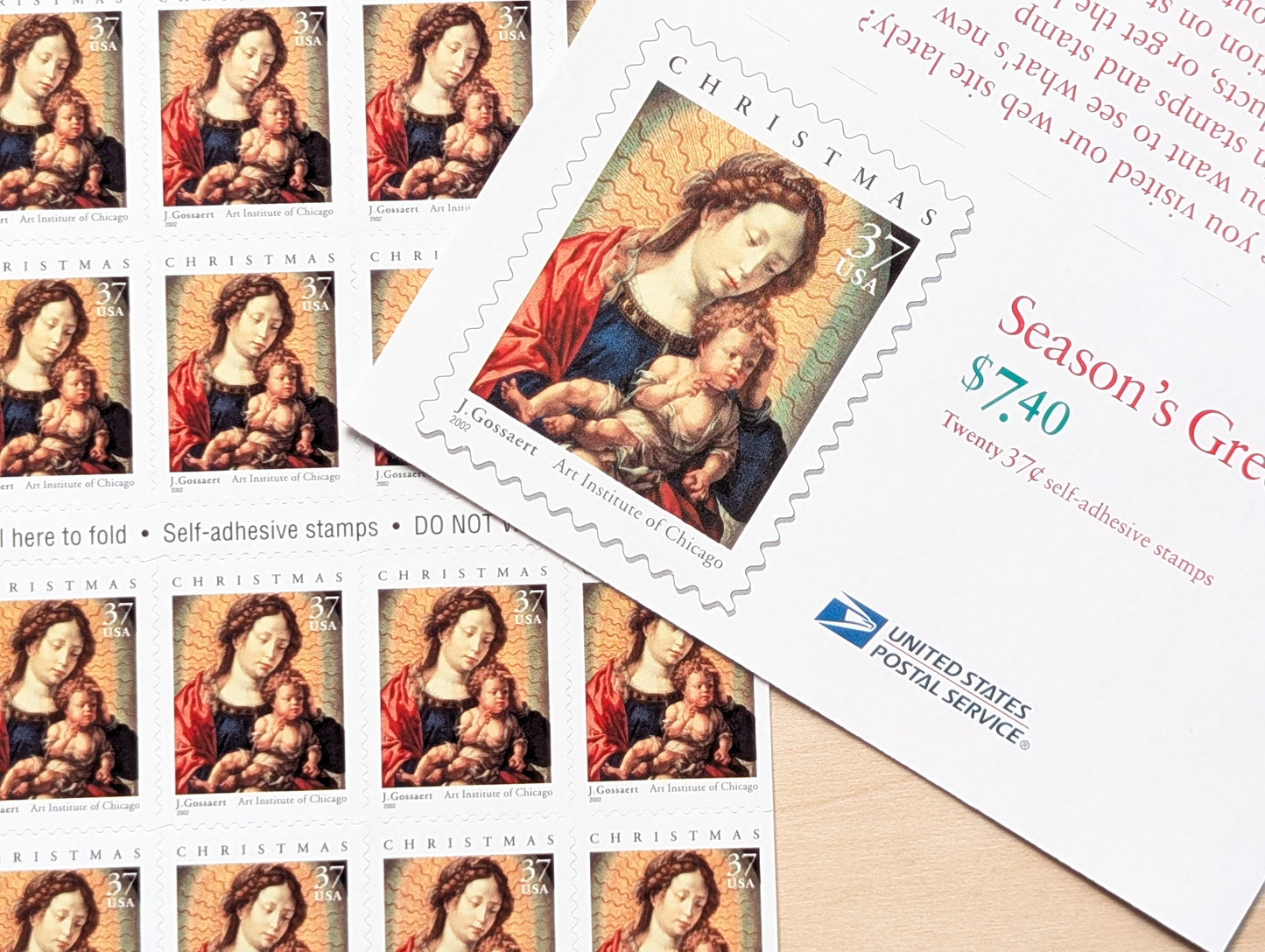 J. Gossaert Madonna and Child, Sheet of 20, Vintage Unused USPS 37 Cent Postage Stamps, Christmas Stamps (J. Gossaert Madonna and Child), 2002, Self-Adhesive