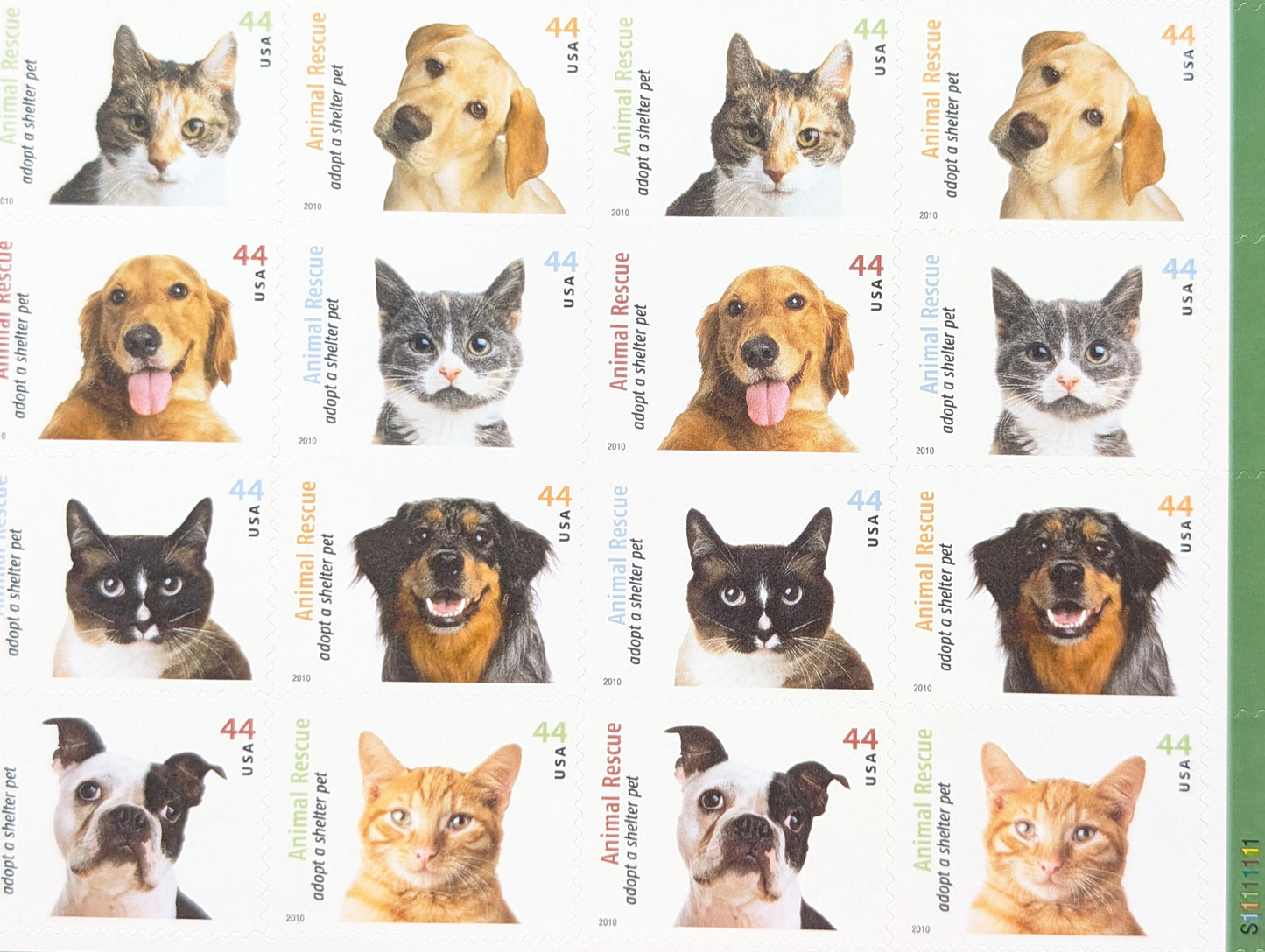 Animal Rescue Adopt a Shelter Pet, Sheet of 20, Unused USPS 44 Cent Postage Stamps, Animal Rescue Stamps, 2010, Self-Adhesive