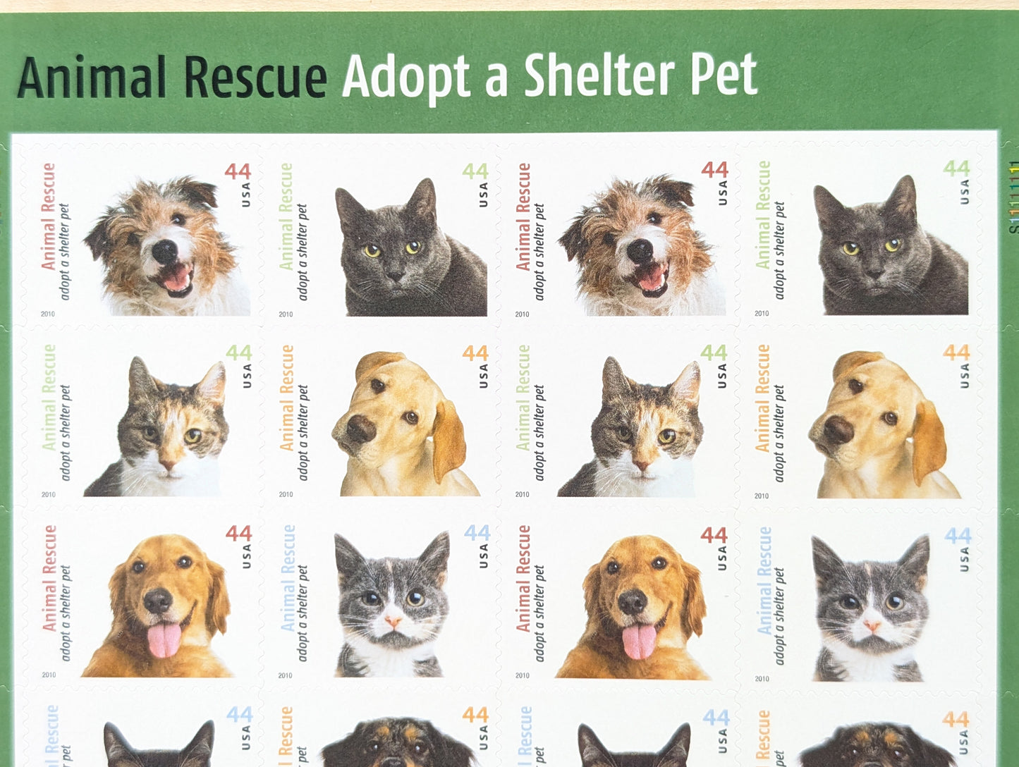 Animal Rescue Adopt a Shelter Pet, Sheet of 20, Unused USPS 44 Cent Postage Stamps, Animal Rescue Stamps, 2010, Self-Adhesive