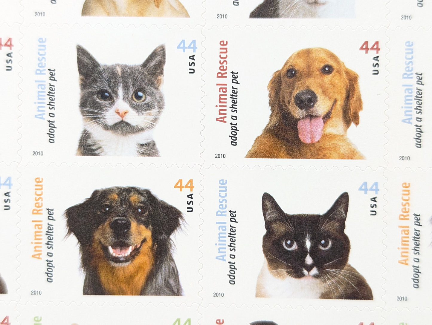 Animal Rescue Adopt a Shelter Pet, Sheet of 20, Unused USPS 44 Cent Postage Stamps, Animal Rescue Stamps, 2010, Self-Adhesive