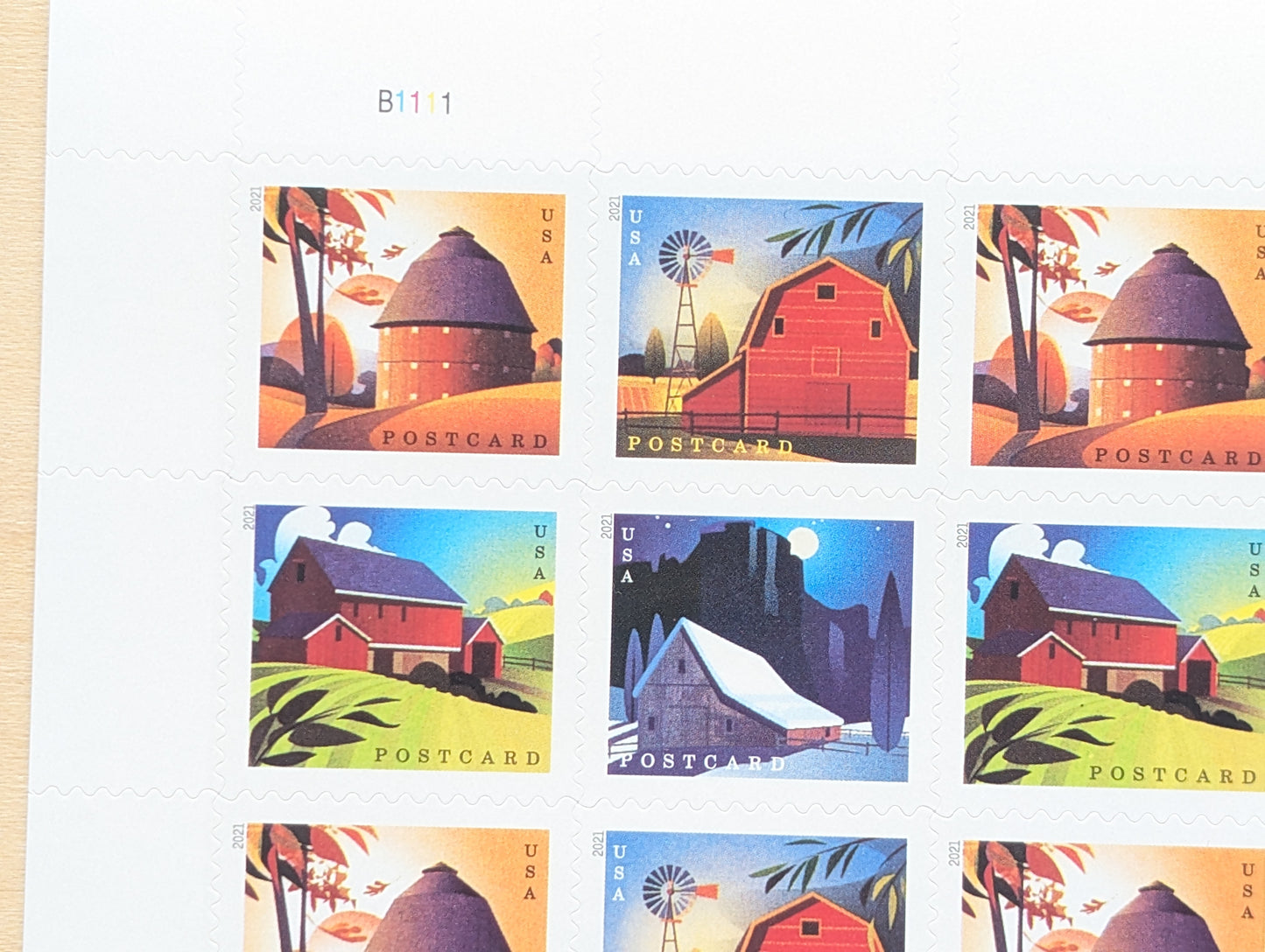 Barn Postcard, Sheet of 20, Unused USPS Forever Postcard Stamps, Barn Postcard Stamps, 2021, Self-Adhesive